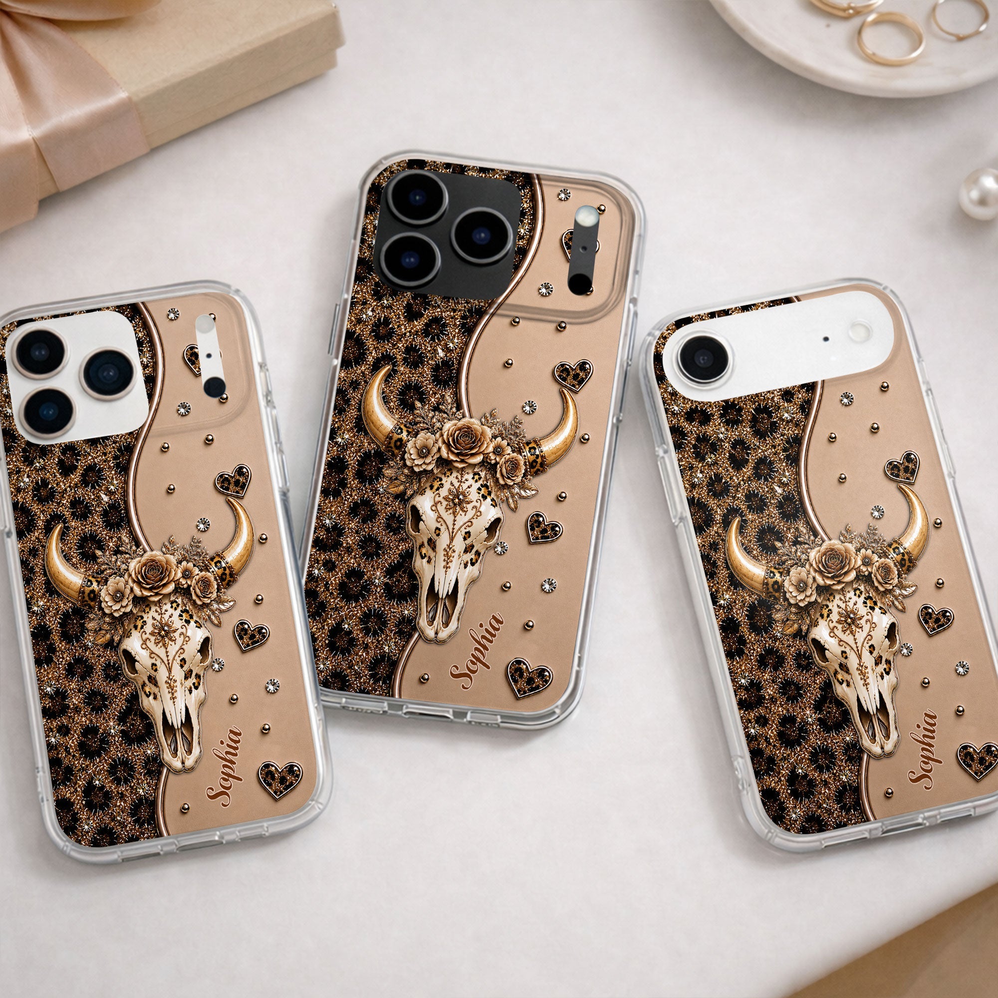 Personalized Clear Phone Case Bull Skull Leopard Flowers Gift for Her Clear Phone Case GradoCreations