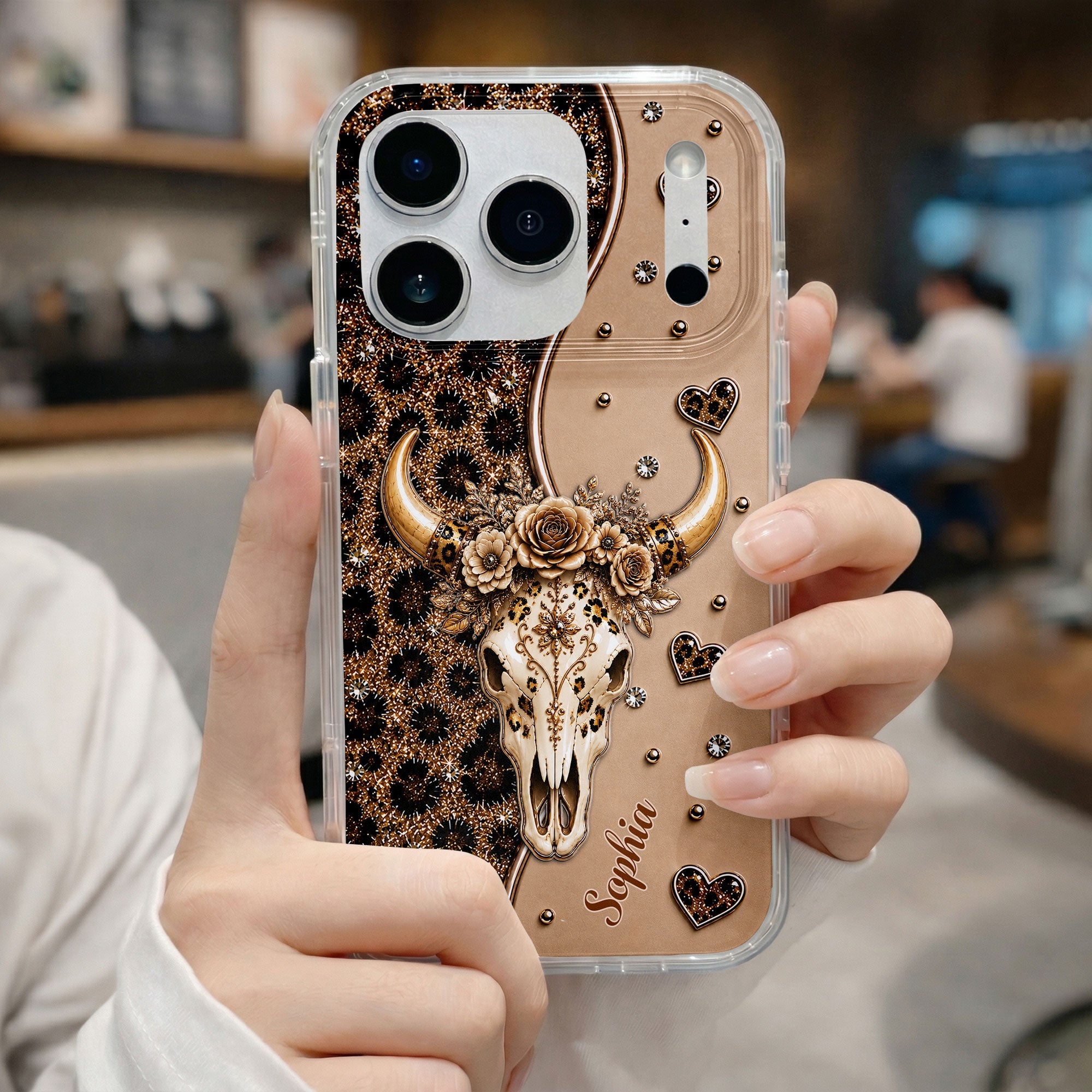 Personalized Clear Phone Case Bull Skull Leopard Flowers Gift for Her Clear Phone Case GradoCreations