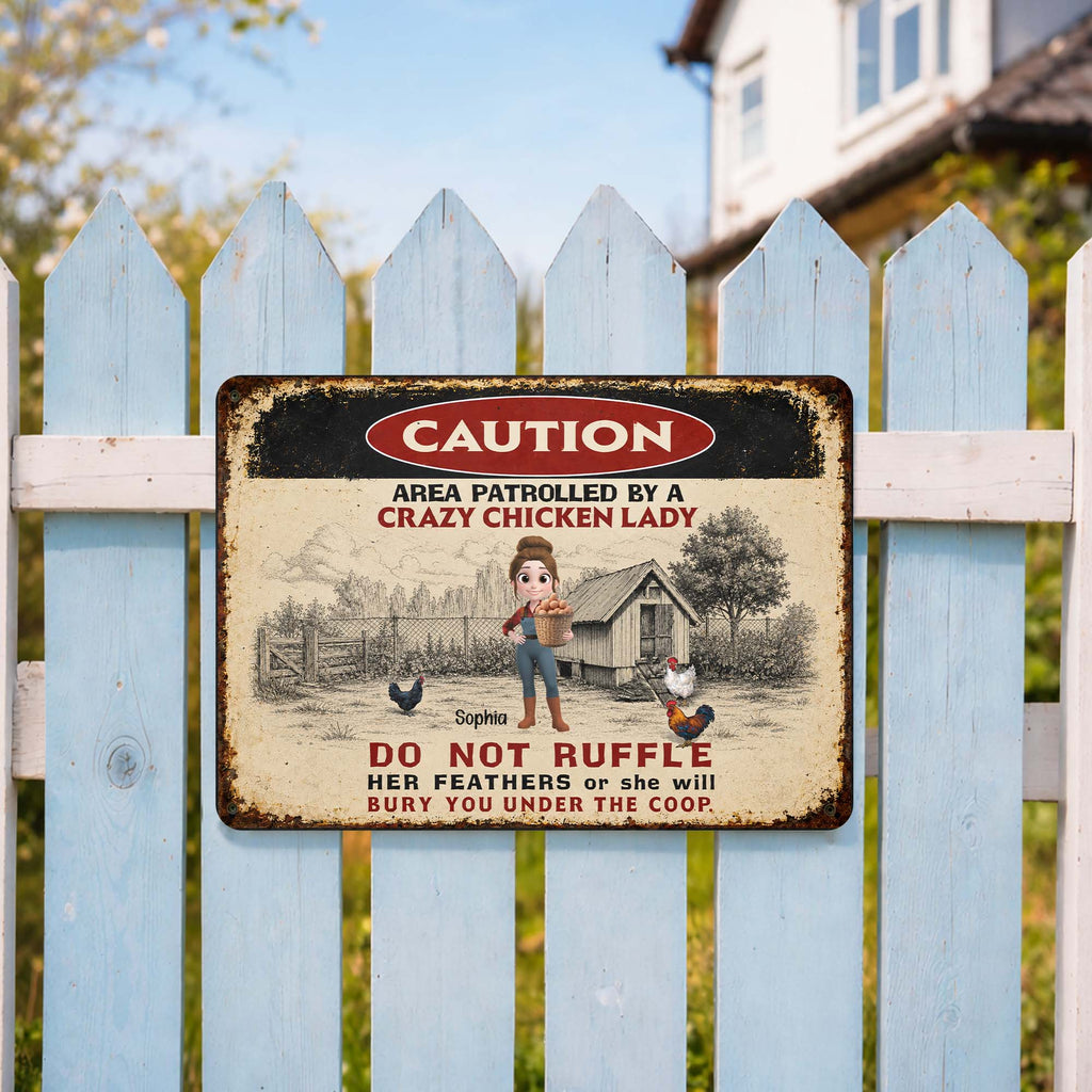 Personalized Metal Sign Caution Crazy Chicken Lady Gift Metal Sign GradoCreations