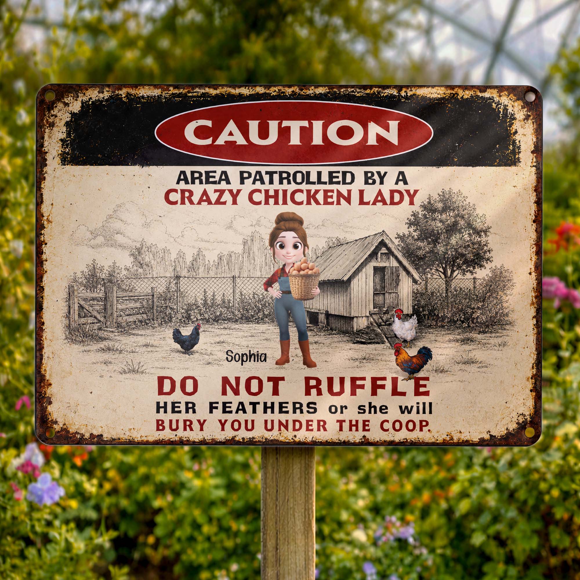 Personalized Metal Sign Caution Crazy Chicken Lady Gift Metal Sign GradoCreations