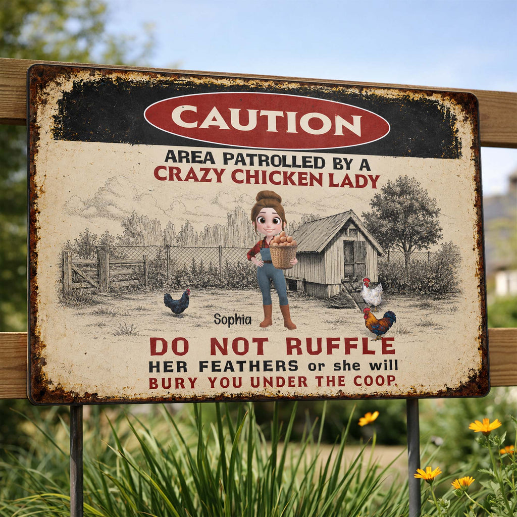 Personalized Metal Sign Caution Crazy Chicken Lady Gift Metal Sign GradoCreations