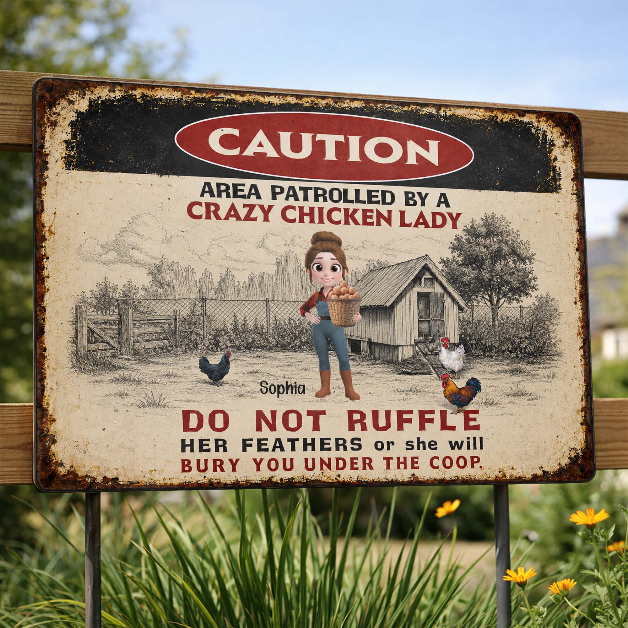 Personalized Metal Sign Caution Crazy Chicken Lady Gift Metal Sign GradoCreations