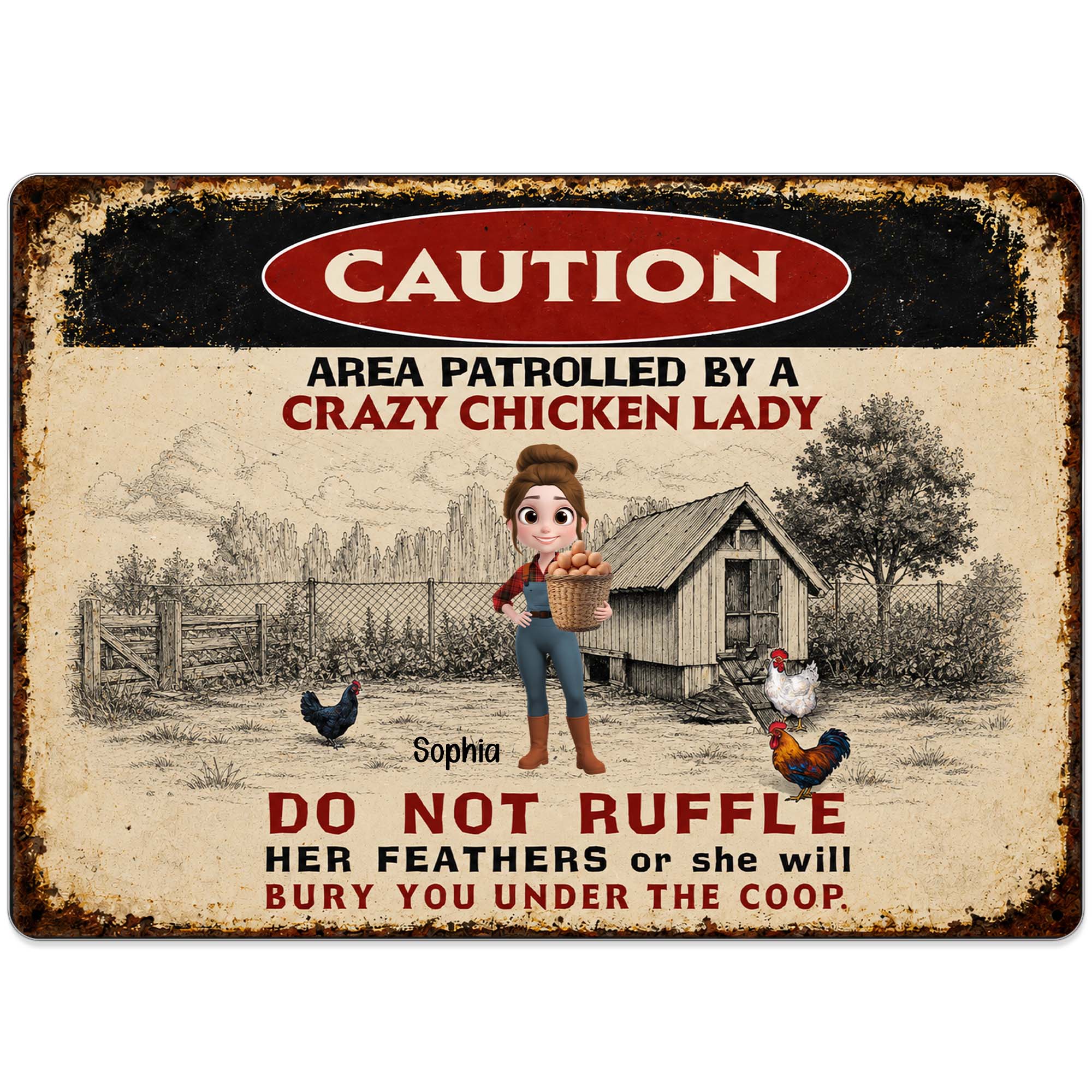 Personalized Metal Sign Caution Crazy Chicken Lady Gift Metal Sign GradoCreations