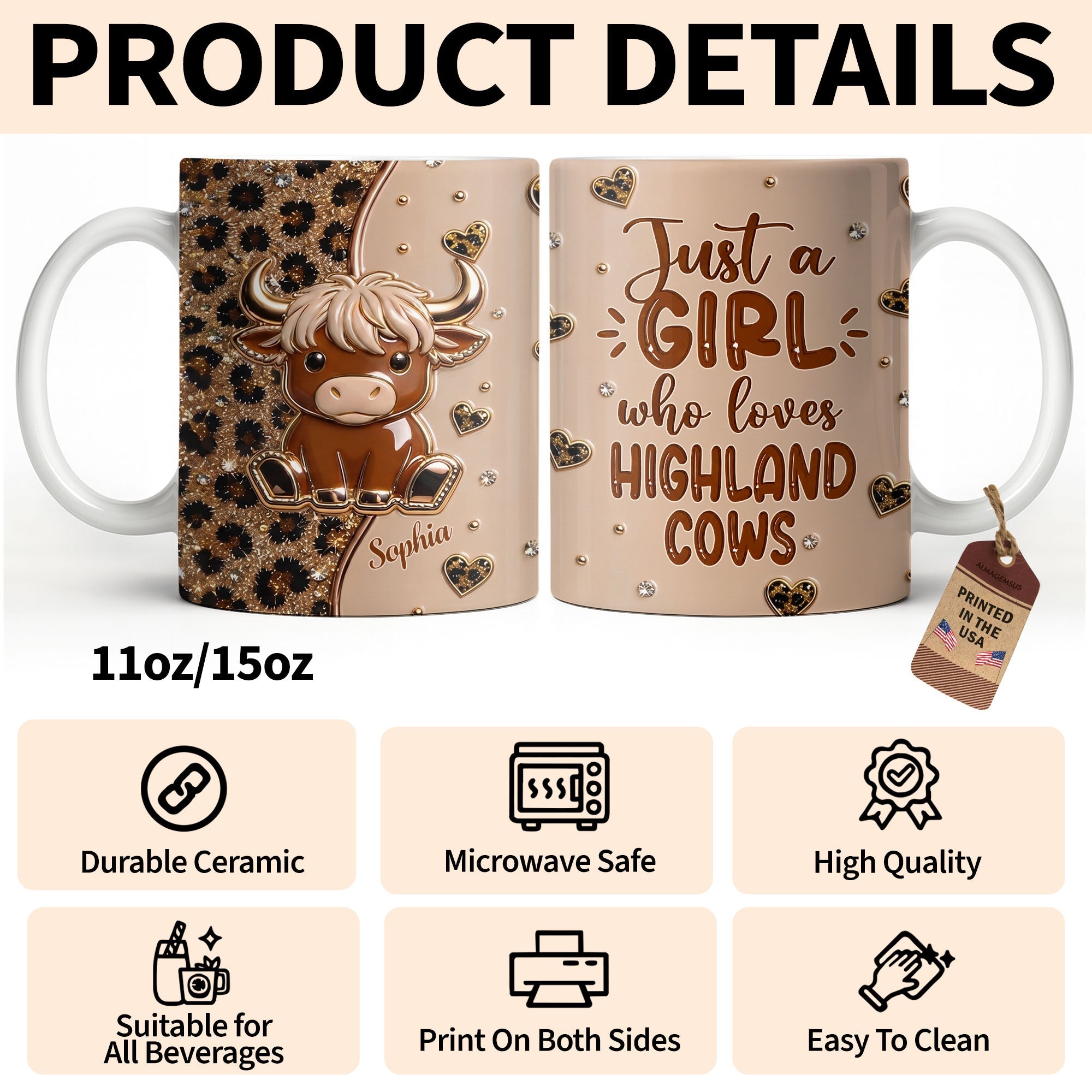 Personalized Highland Cow Coffee Mug Custom Name Gift for Animal Lovers Edge-to-edge Mug GradoCreations