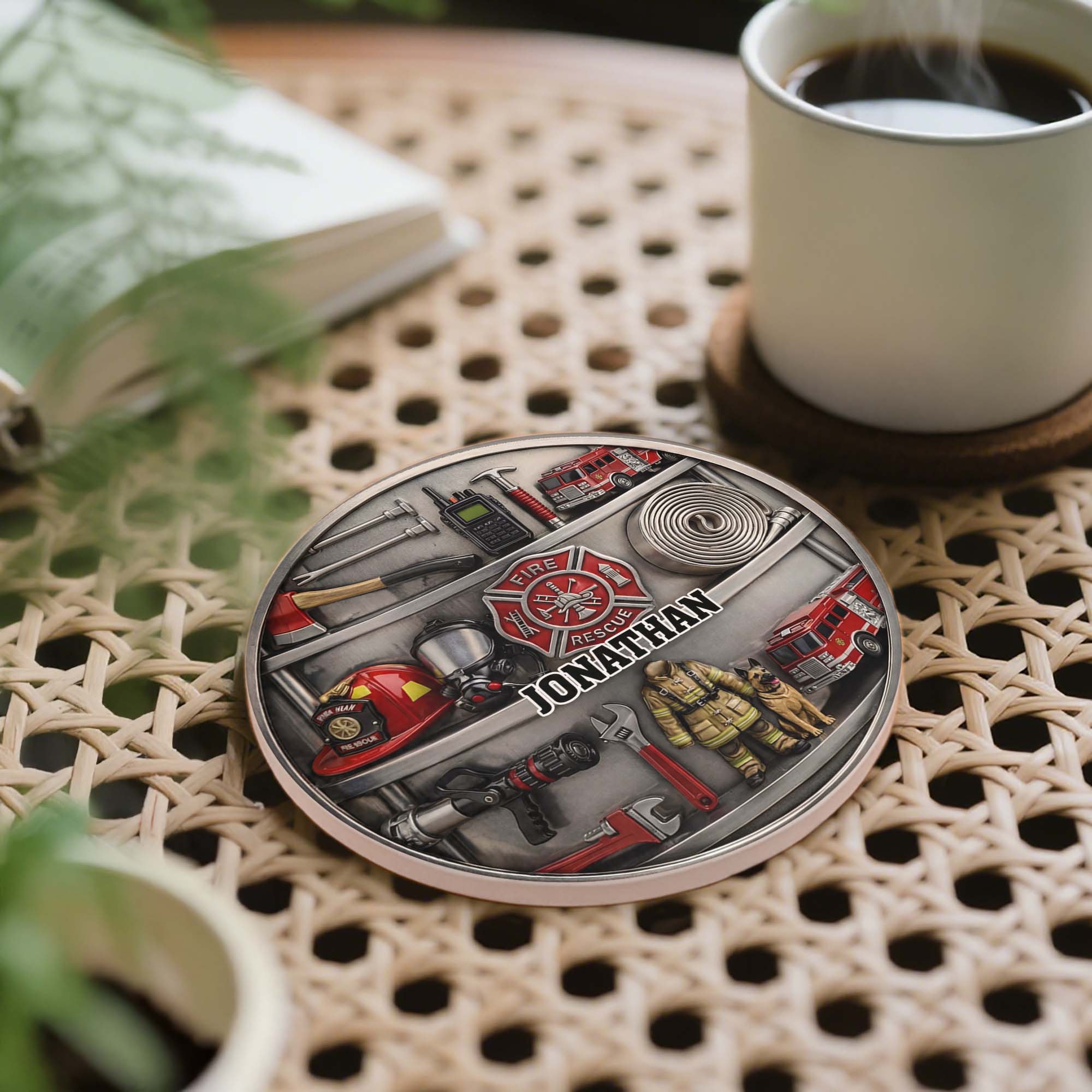 Personalized Firefighter Coaster Custom Name Gift for Dad