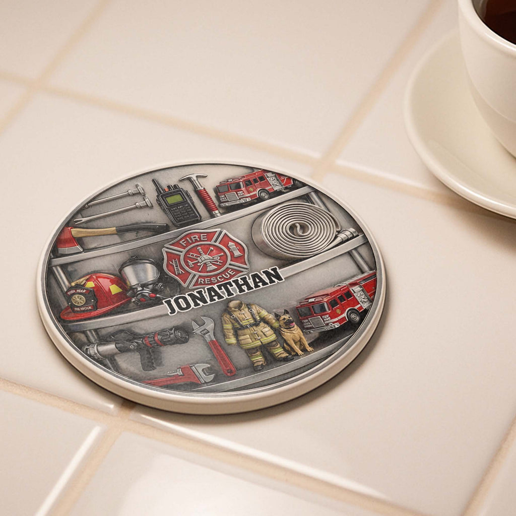 Personalized Firefighter Coaster Custom Name Gift for Dad