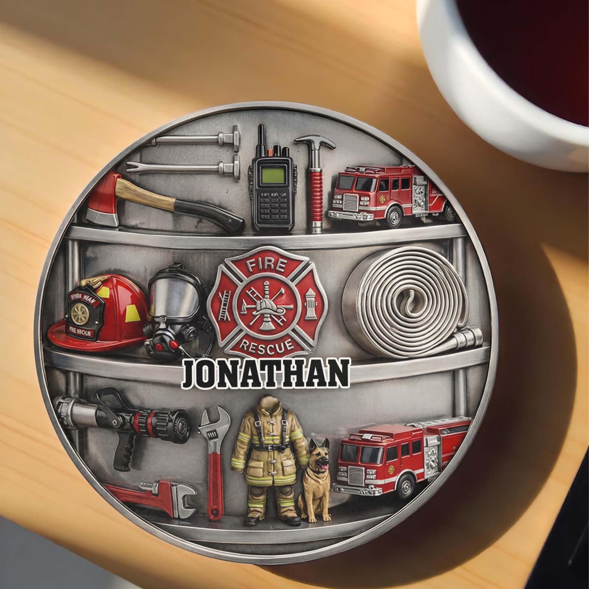 Personalized Firefighter Coaster Custom Name Gift for Dad