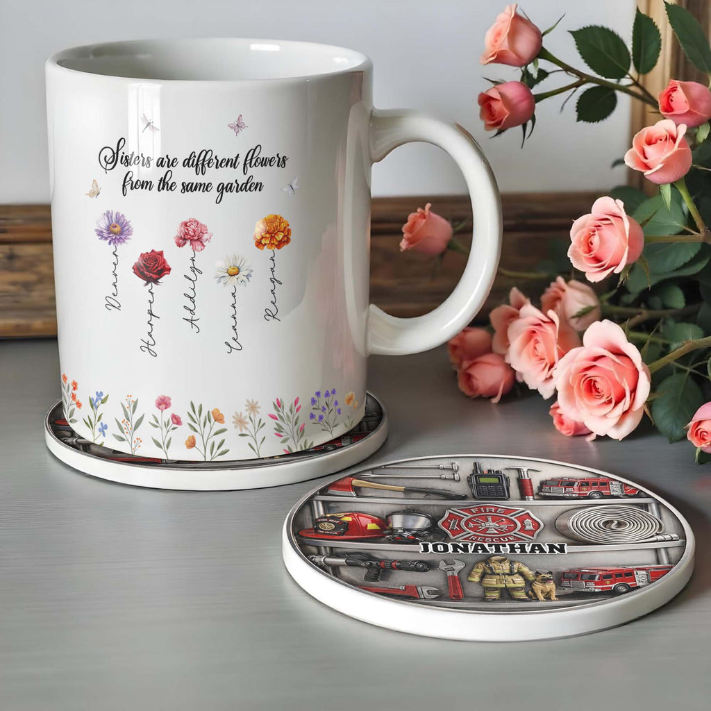 Personalized Firefighter Coaster Custom Name Gift for Dad