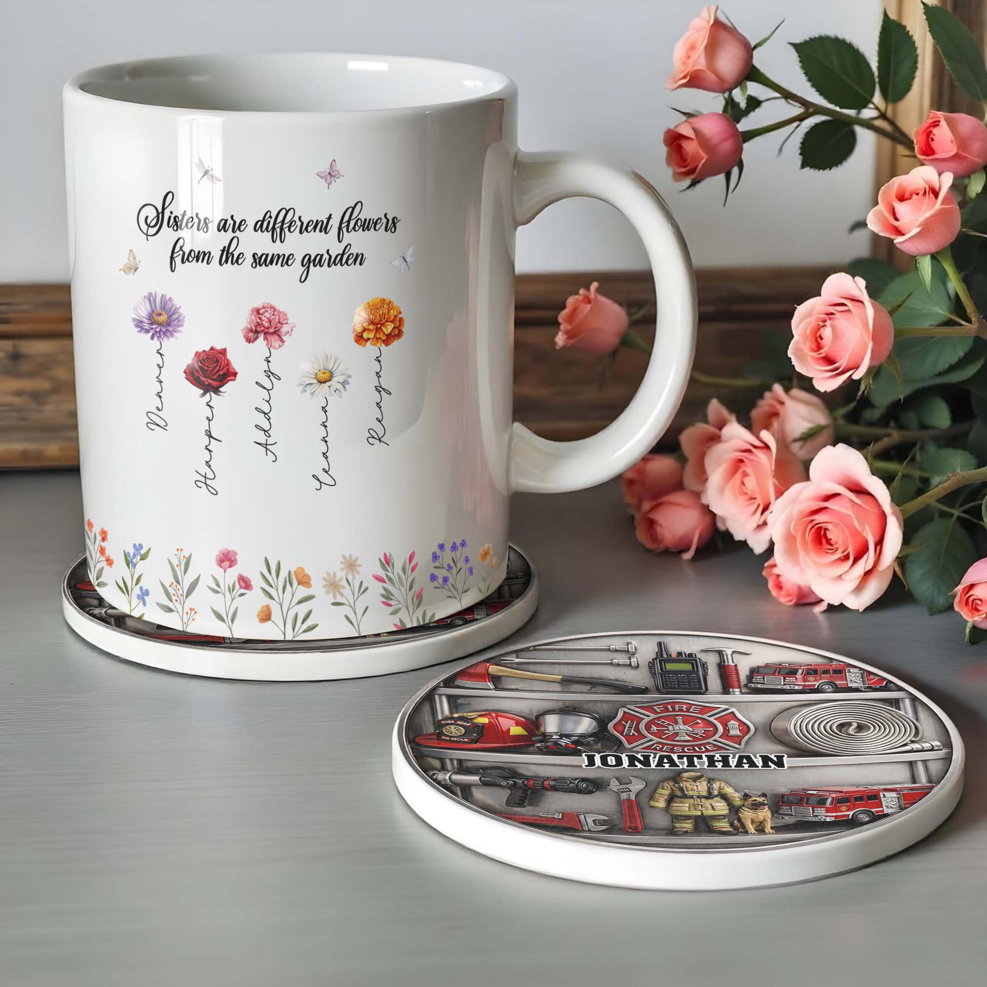 Personalized Firefighter Coaster Custom Name Gift for Dad