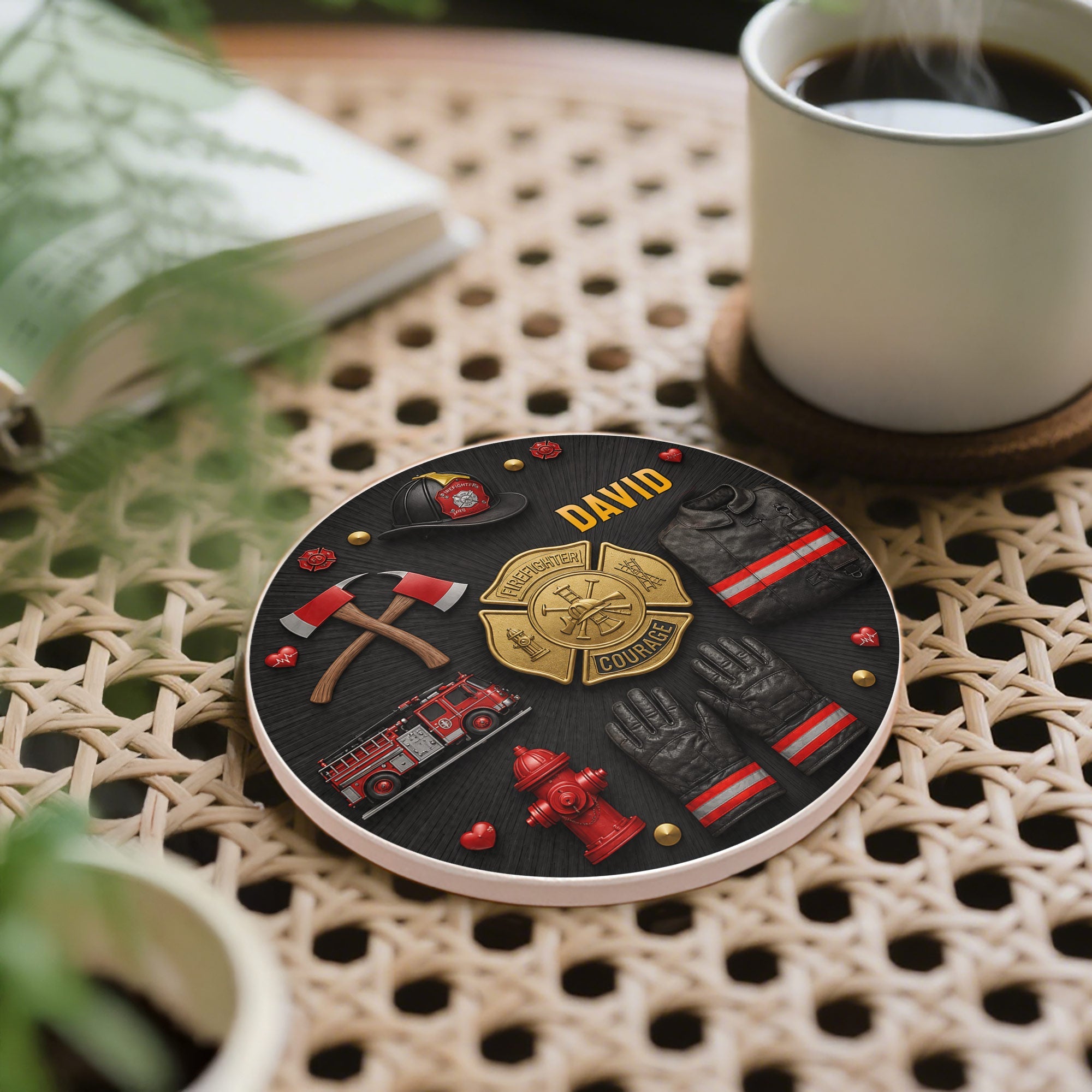 Personalized Firefighter Ceramic Coaster Custom Name Gift Ceramic Coaster GradoCreations