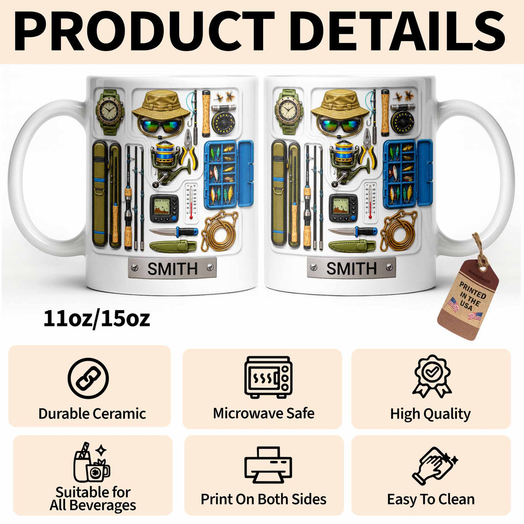 Personalized Fishing Mug Custom Name Gift for Dad Fishing Enthusiasts Edge-to-edge Mug GradoCreations