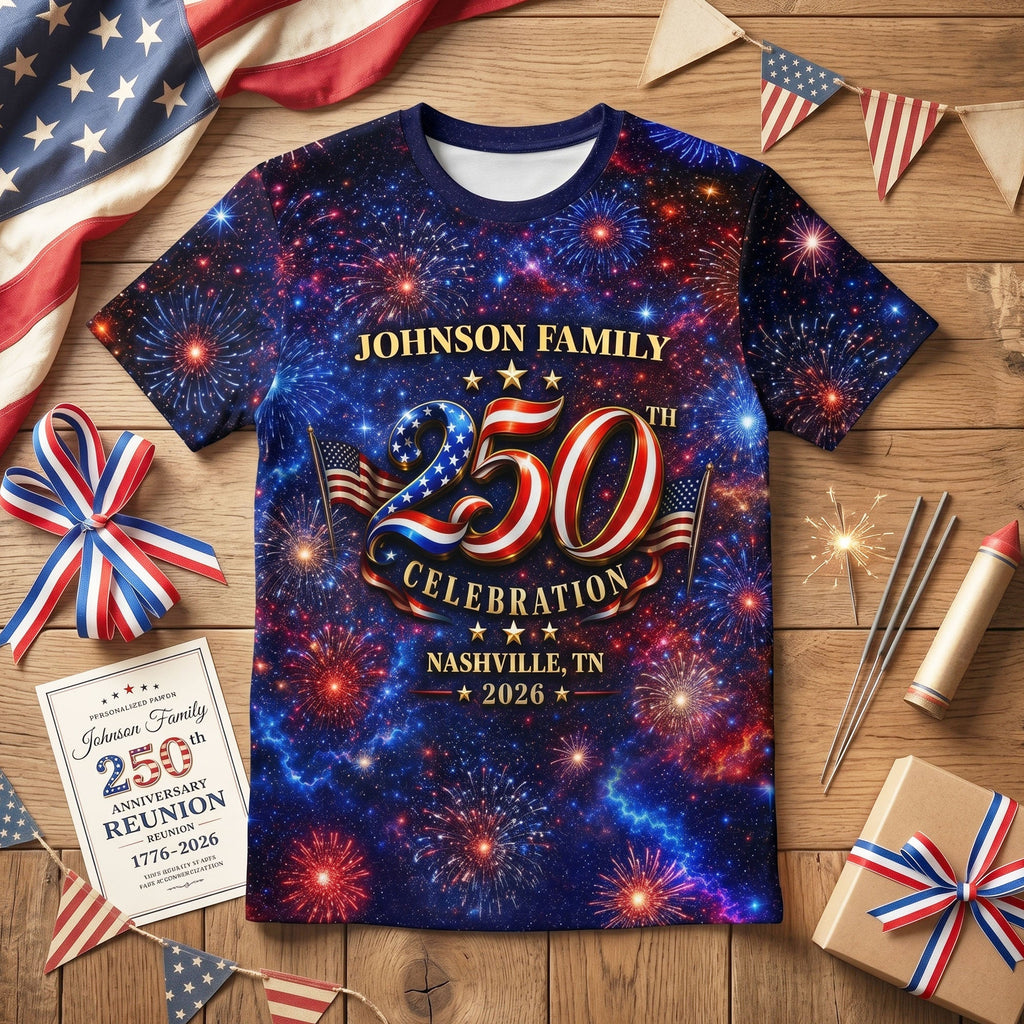 Personalized 250th Celebration AOP T-Shirt for Family | Patriotic Gift