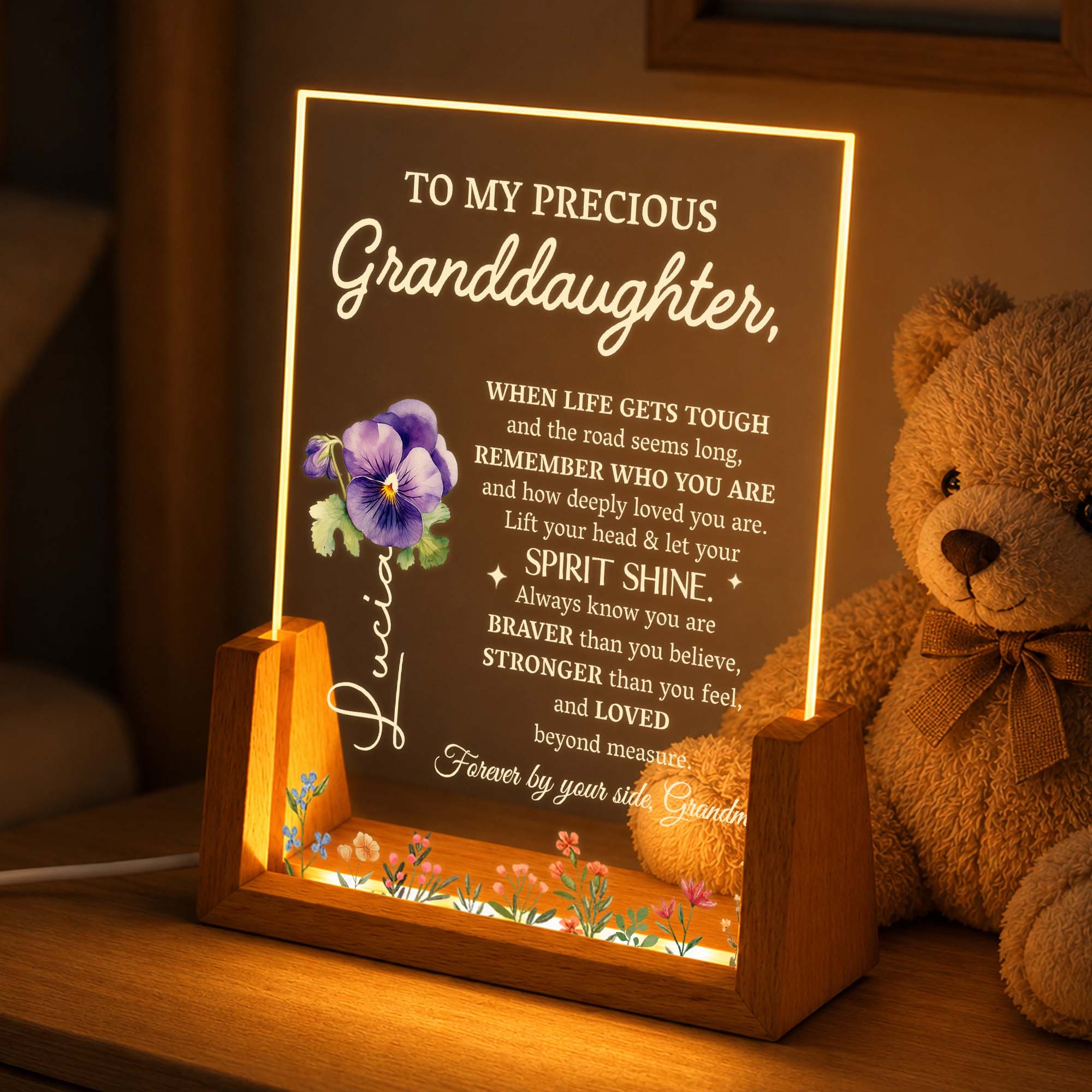 Personalized Acrylic Night Light Custom for Granddaughter Flower Gift