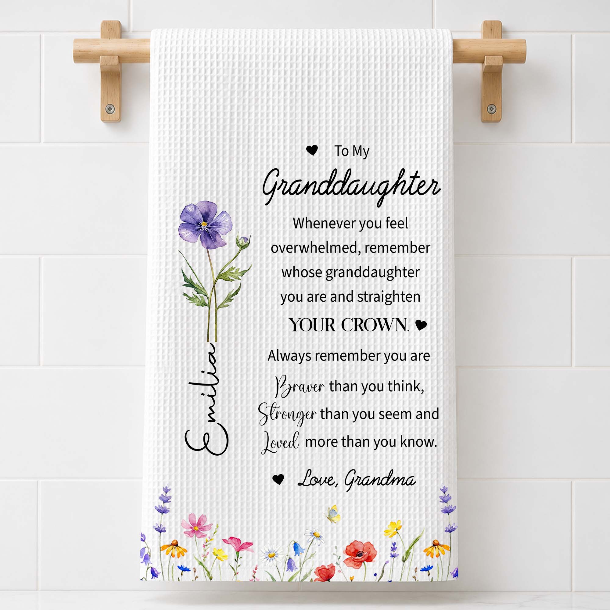 Personalized Kitchen Towel Custom Birth Month Flower Gift for Granddaughter Kitchen Towel GradoCreations