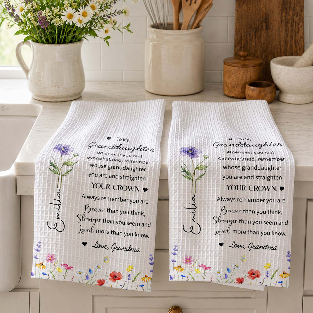 Personalized Kitchen Towel Custom Birth Month Flower Gift for Granddaughter Kitchen Towel GradoCreations