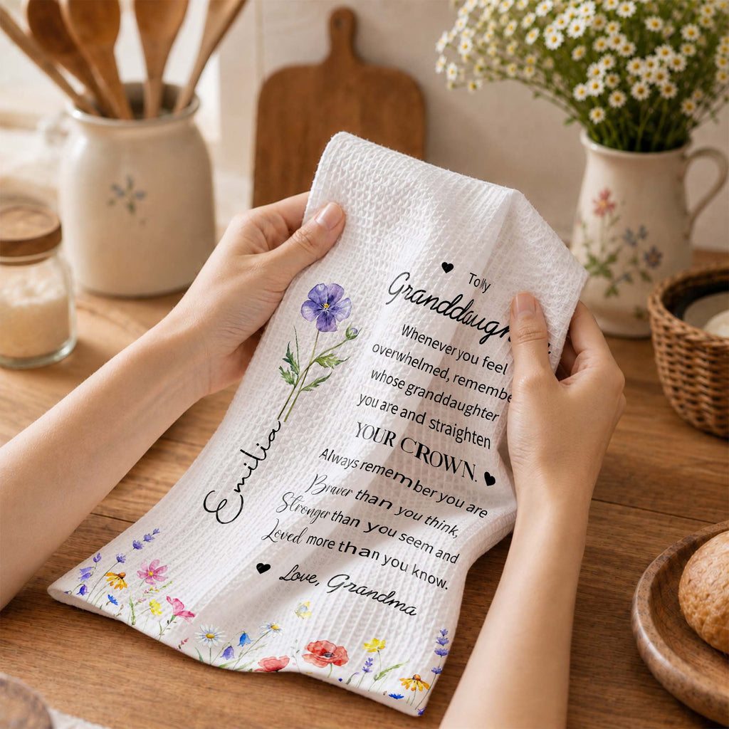 Personalized Kitchen Towel Custom Birth Month Flower Gift for Granddaughter Kitchen Towel GradoCreations