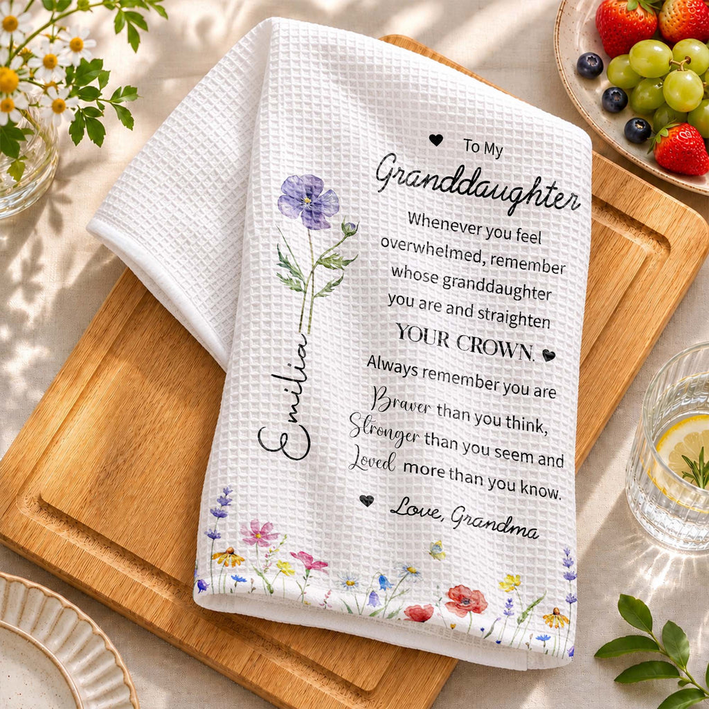 Personalized Kitchen Towel Custom Birth Month Flower Gift for Granddaughter Kitchen Towel GradoCreations