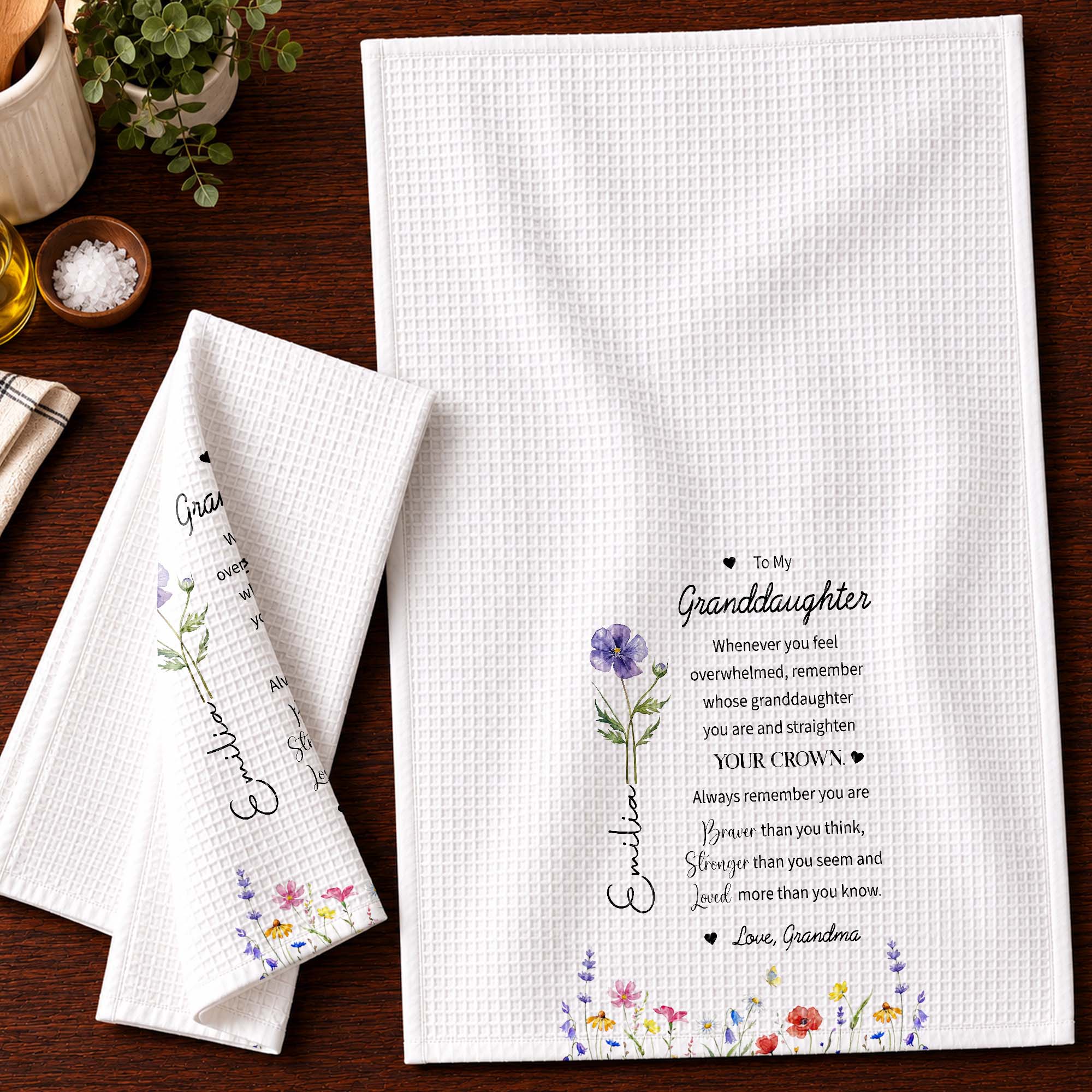 Personalized Kitchen Towel Custom Birth Month Flower Gift for Granddaughter Kitchen Towel GradoCreations