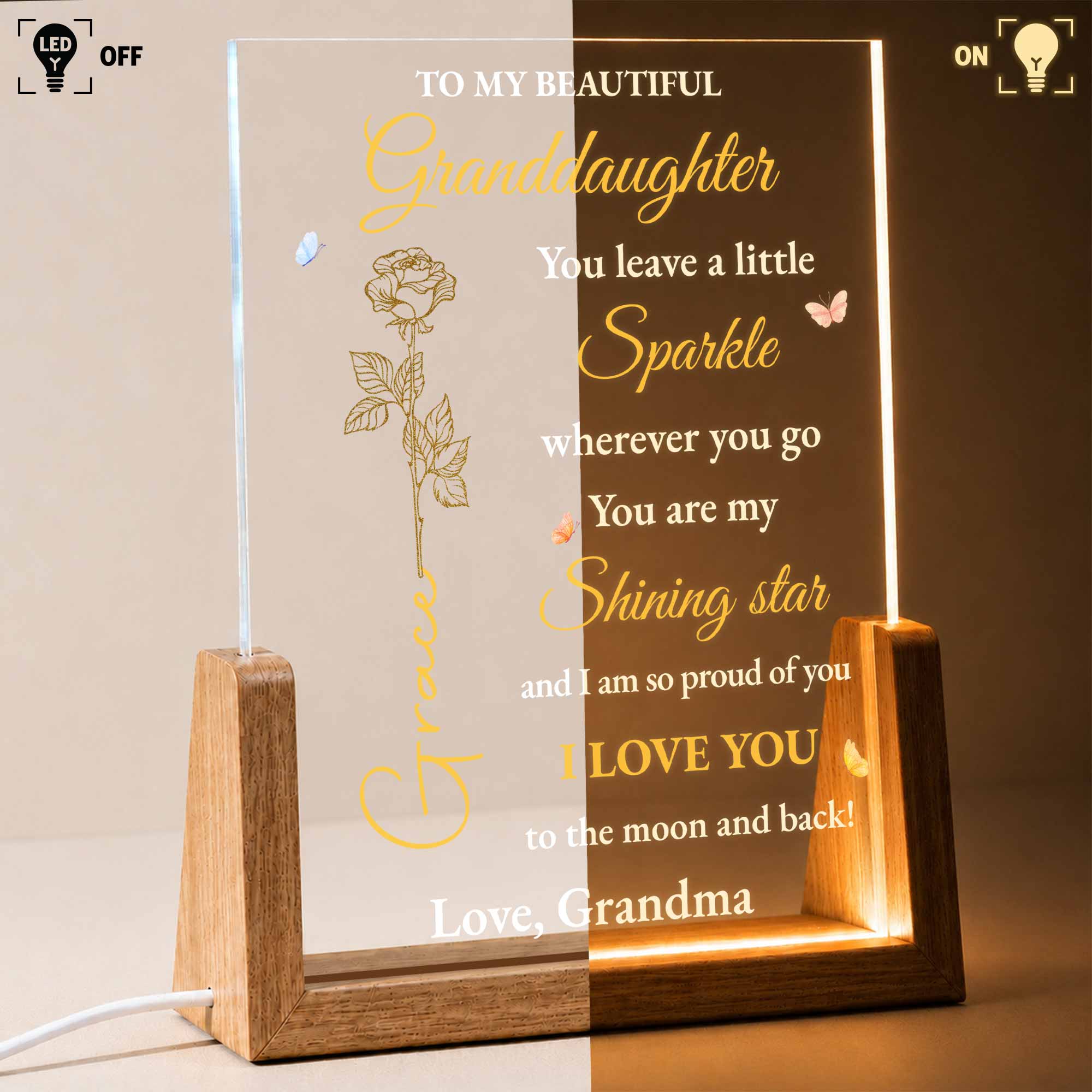 Personalized Acrylic Night Light Custom Gift for Granddaughter Wood and Acrylic Night Light GradoCreations