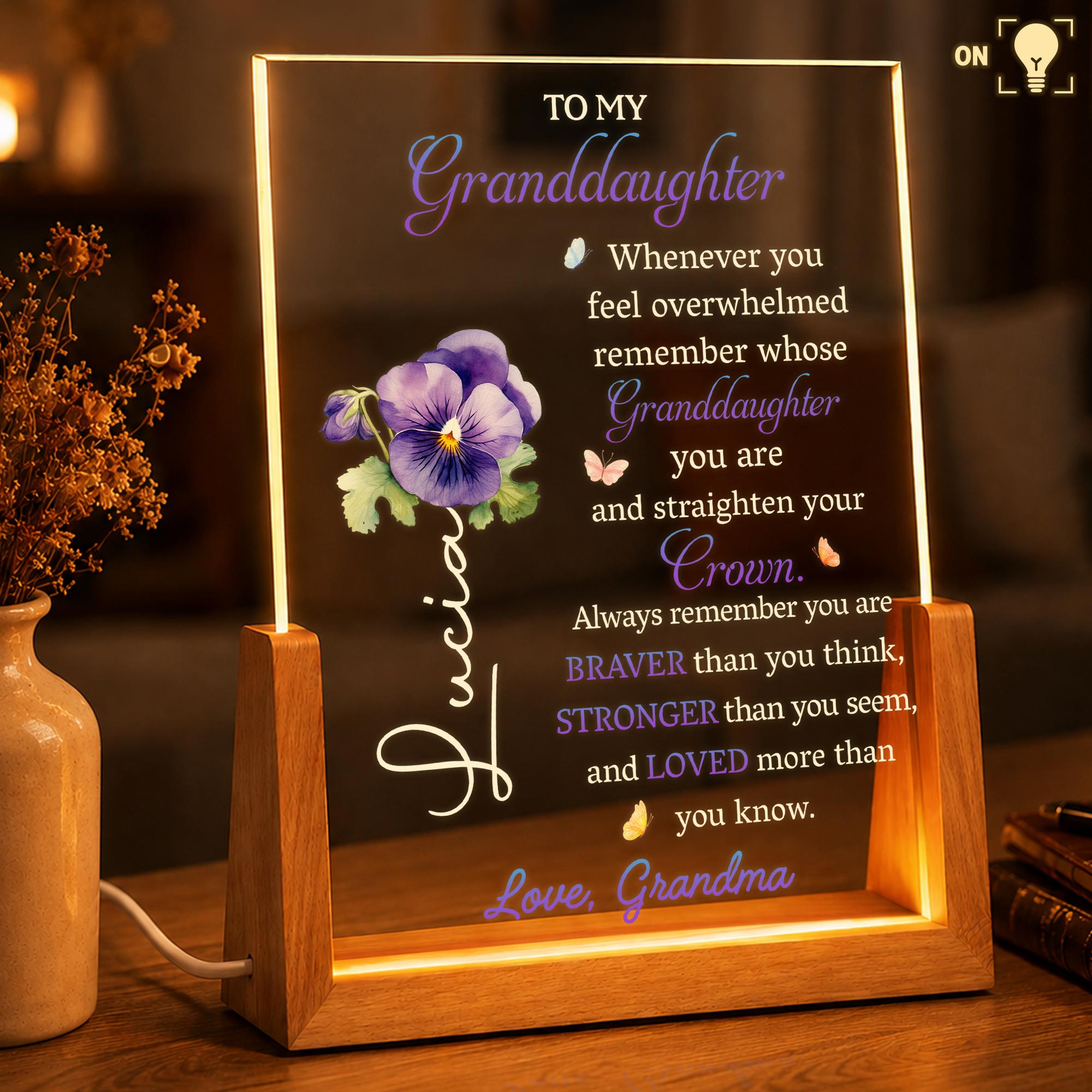 Personalized Acrylic Night Light for Granddaughter with Wooden Base Wood and Acrylic Night Light GradoCreations