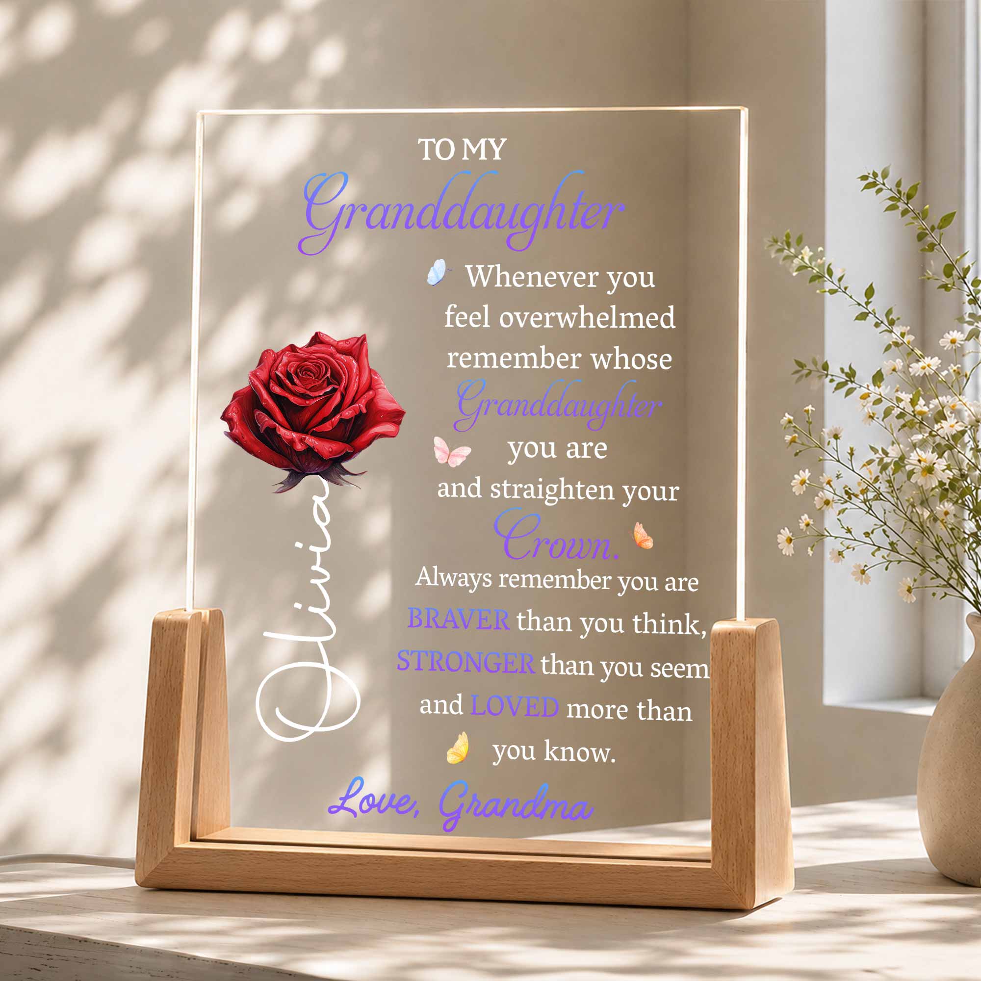 Personalized Acrylic Night Light for Granddaughter with Wooden Base Wood and Acrylic Night Light GradoCreations