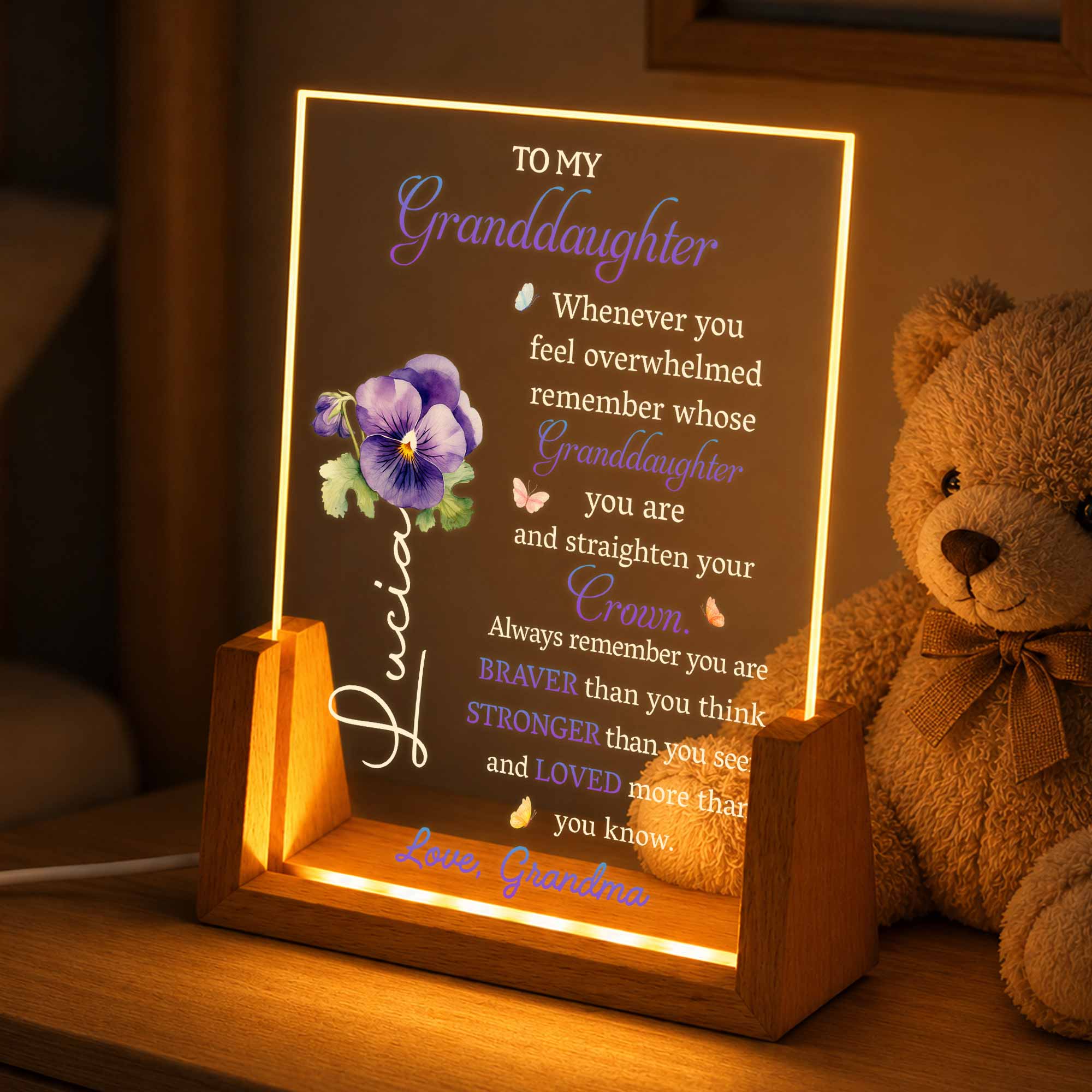 Personalized Acrylic Night Light for Granddaughter with Wooden Base Wood and Acrylic Night Light GradoCreations