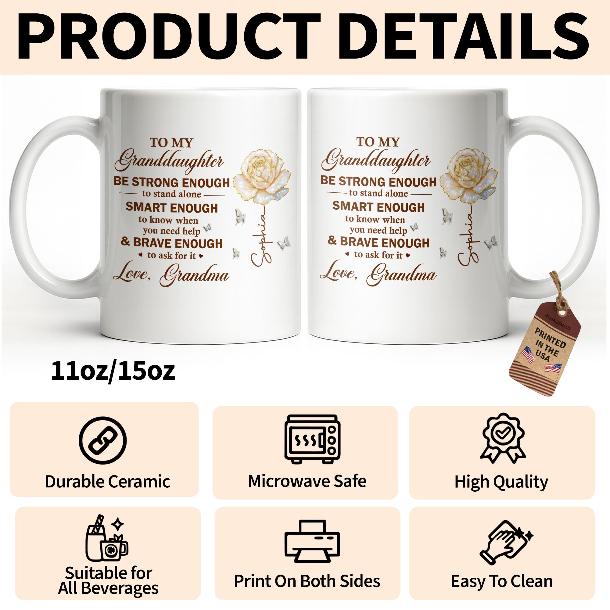 Personalized Mug with Rose Butterflies Custom Gift for Granddaughter Edge-to-edge Mug GradoCreations