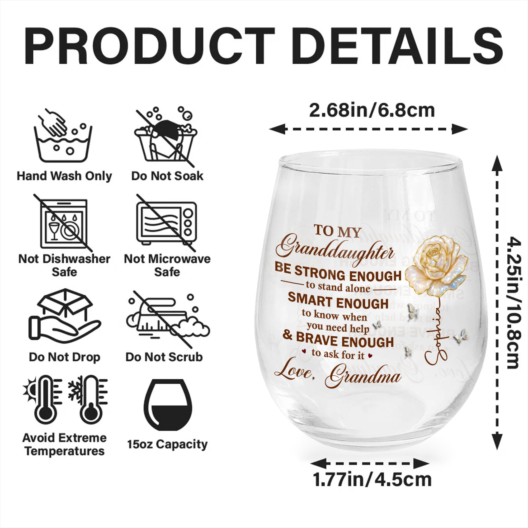 Personalized Stemless Wine Glass Custom Name Gift for Granddaughter Wine Glasses GradoCreations