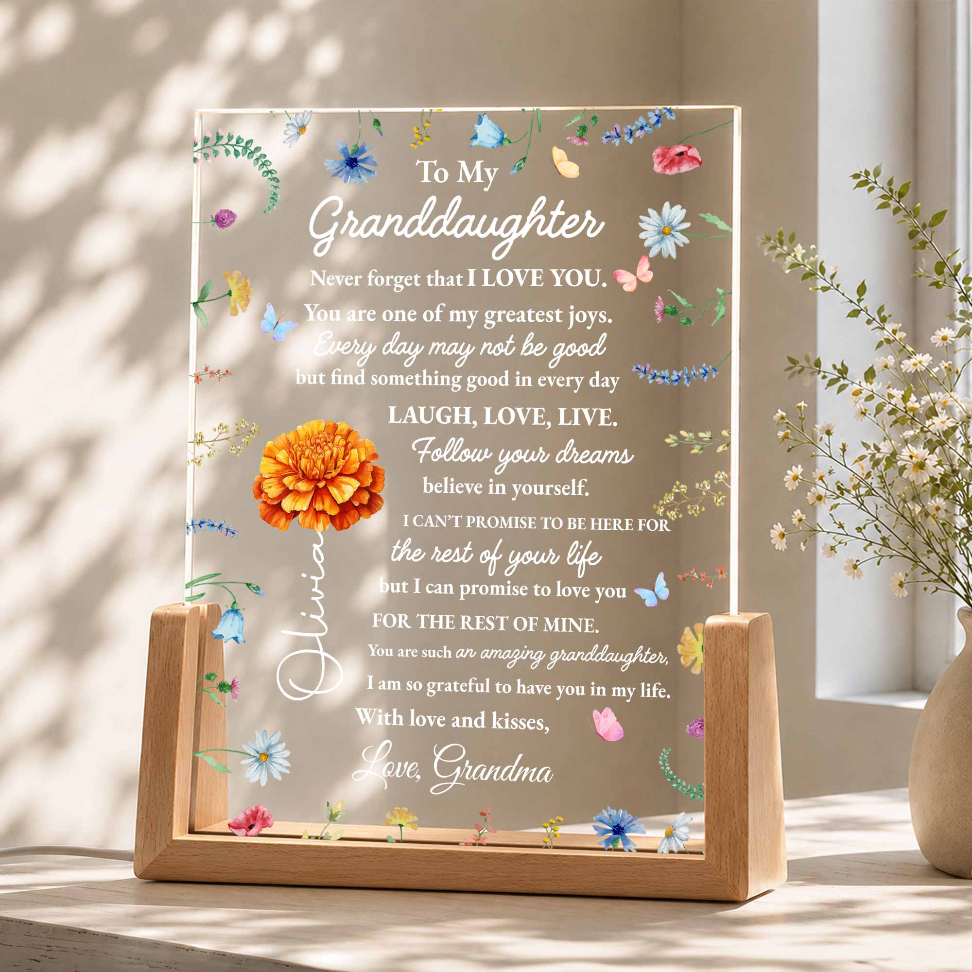 Personalized Acrylic Night Light for Granddaughter with Wooden Base Wood and Acrylic Night Light GradoCreations