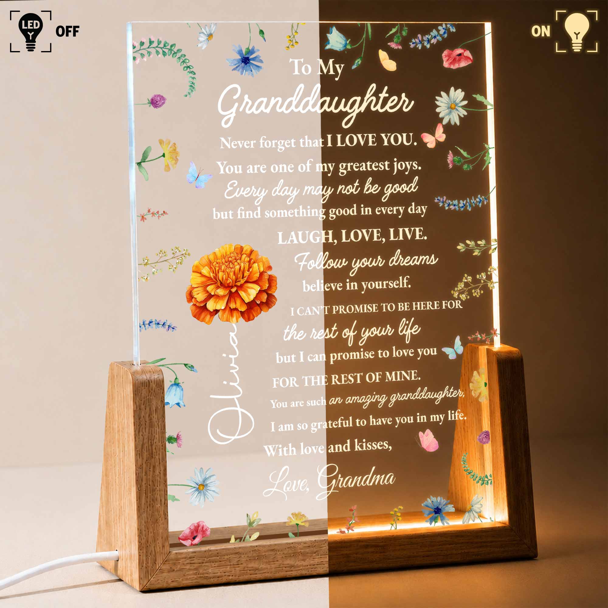 Personalized Acrylic Night Light for Granddaughter with Wooden Base Wood and Acrylic Night Light GradoCreations