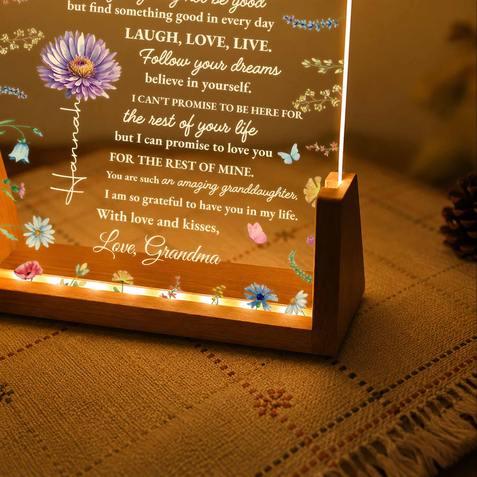 Personalized Acrylic Night Light for Granddaughter with Wooden Base Wood and Acrylic Night Light GradoCreations