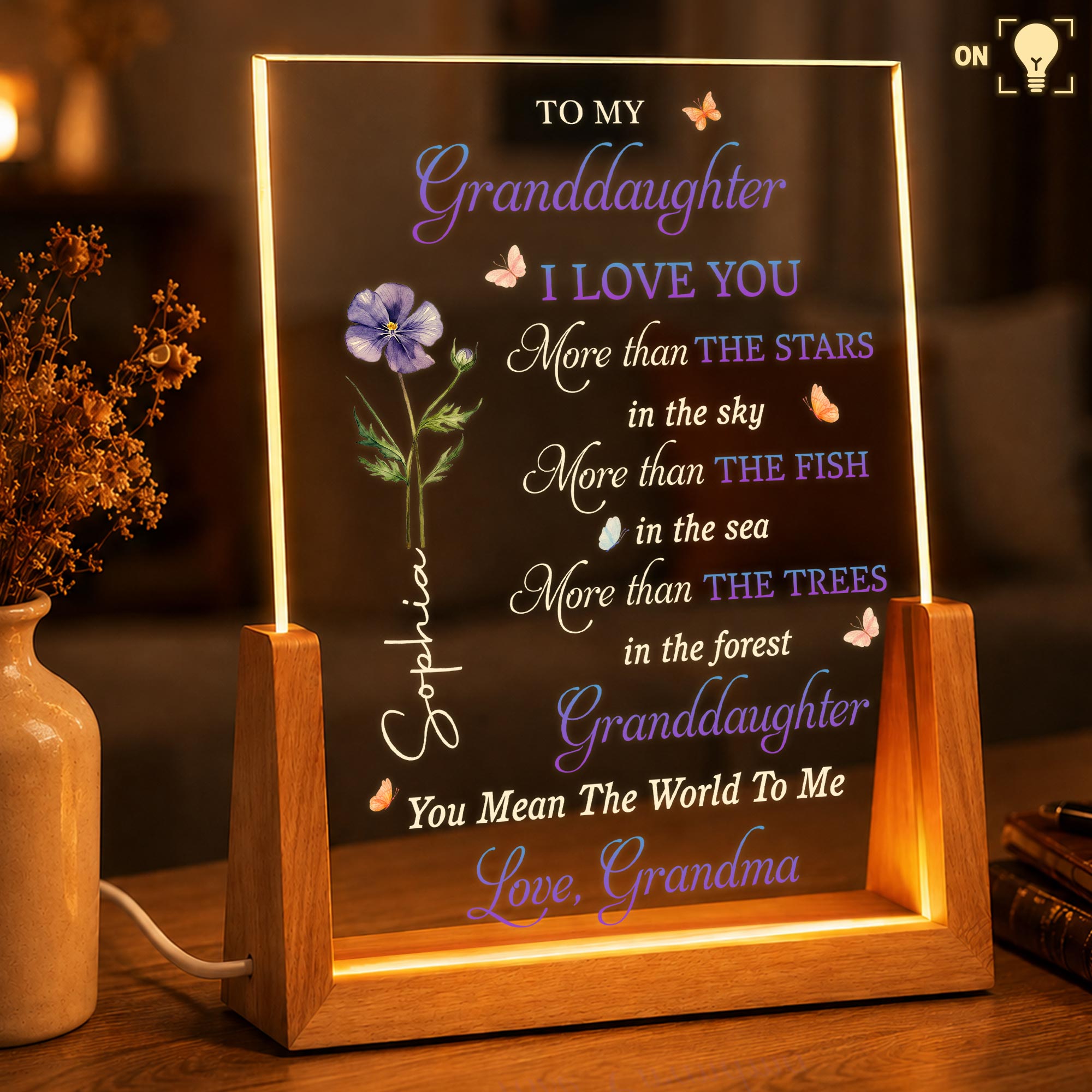 Personalized Acrylic Night Light Gift for Granddaughter with Wooden Base Wood and Acrylic Night Light GradoCreations