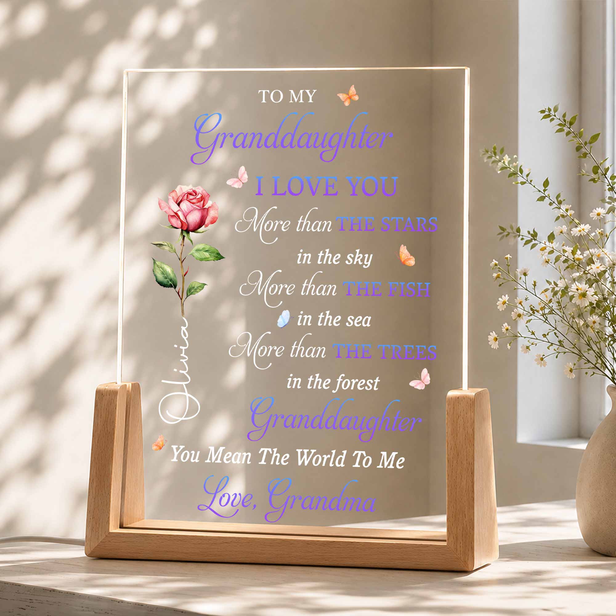 Personalized Acrylic Night Light Gift for Granddaughter with Wooden Base Wood and Acrylic Night Light GradoCreations