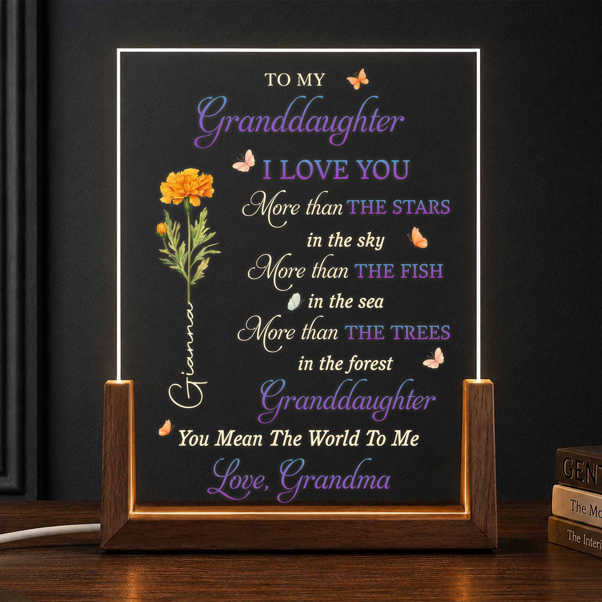 Personalized Acrylic Night Light Gift for Granddaughter with Wooden Base Wood and Acrylic Night Light GradoCreations