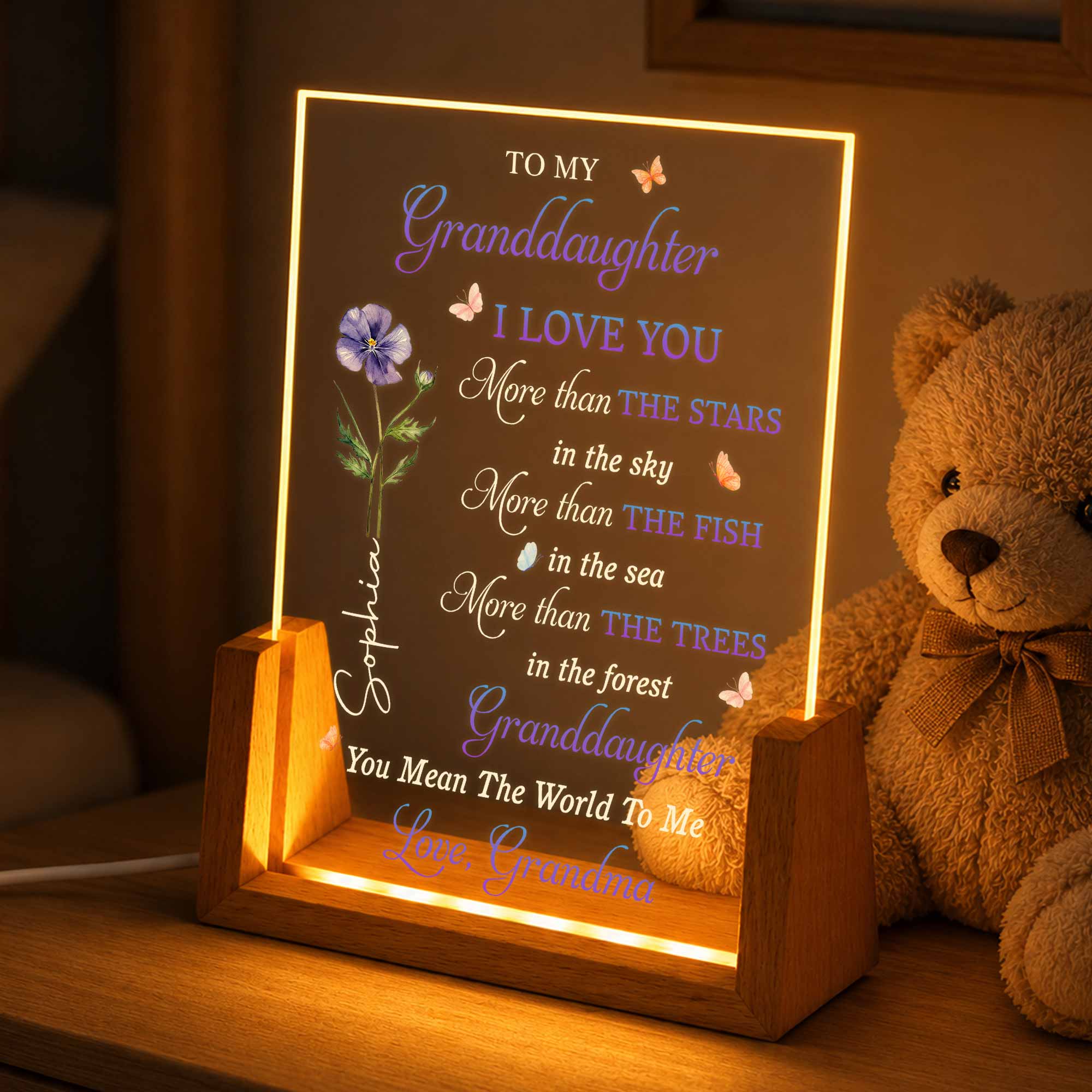 Personalized Acrylic Night Light Gift for Granddaughter with Wooden Base Wood and Acrylic Night Light GradoCreations