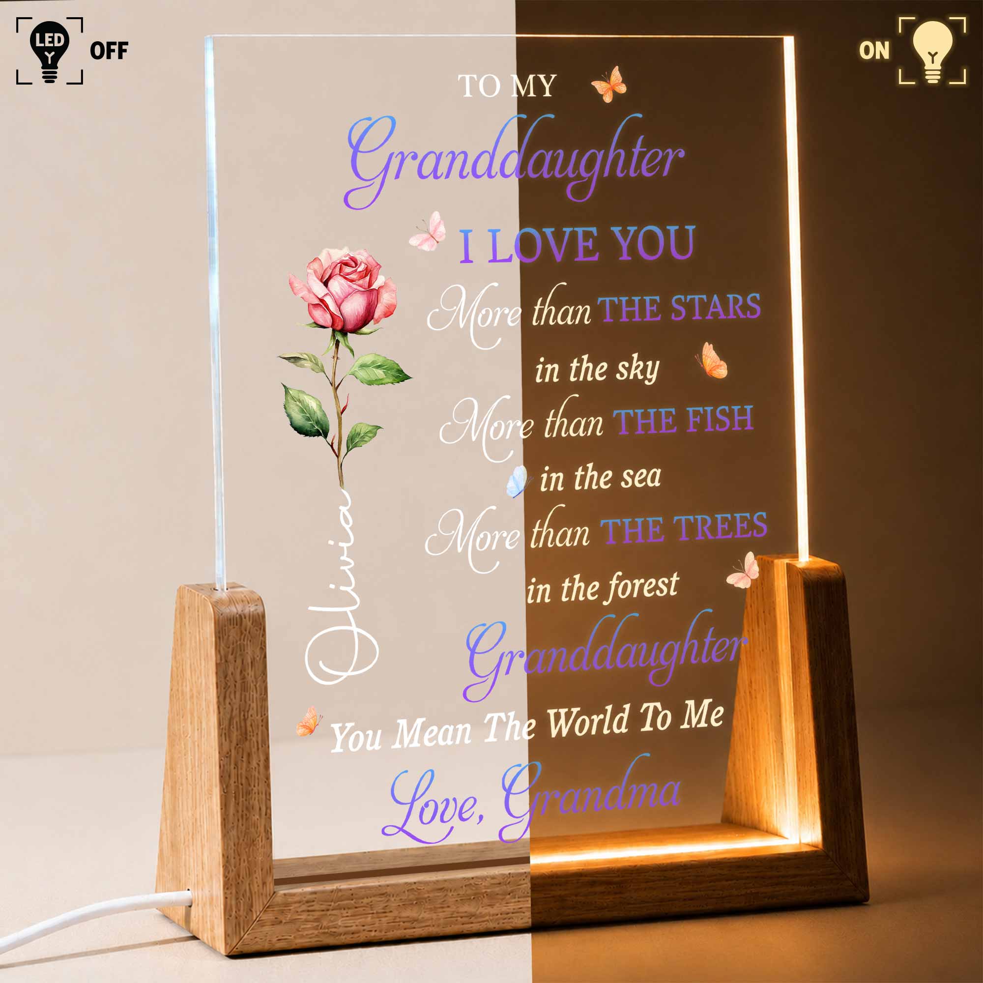 Personalized Acrylic Night Light Gift for Granddaughter with Wooden Base Wood and Acrylic Night Light GradoCreations