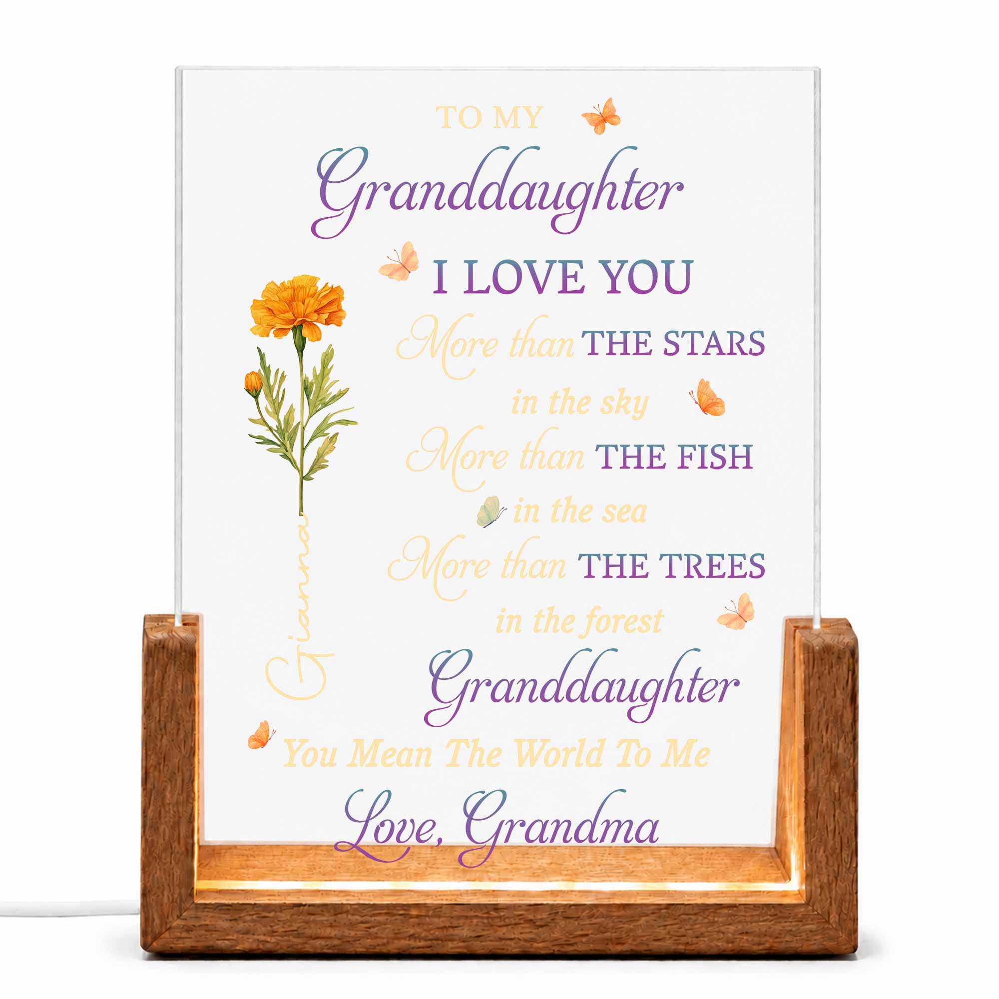 Personalized Acrylic Night Light Gift for Granddaughter with Wooden Base Wood and Acrylic Night Light GradoCreations