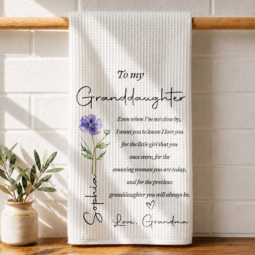 Personalized Kitchen Towel for Granddaughter with Birth Month Flower Gift Kitchen Towel GradoCreations