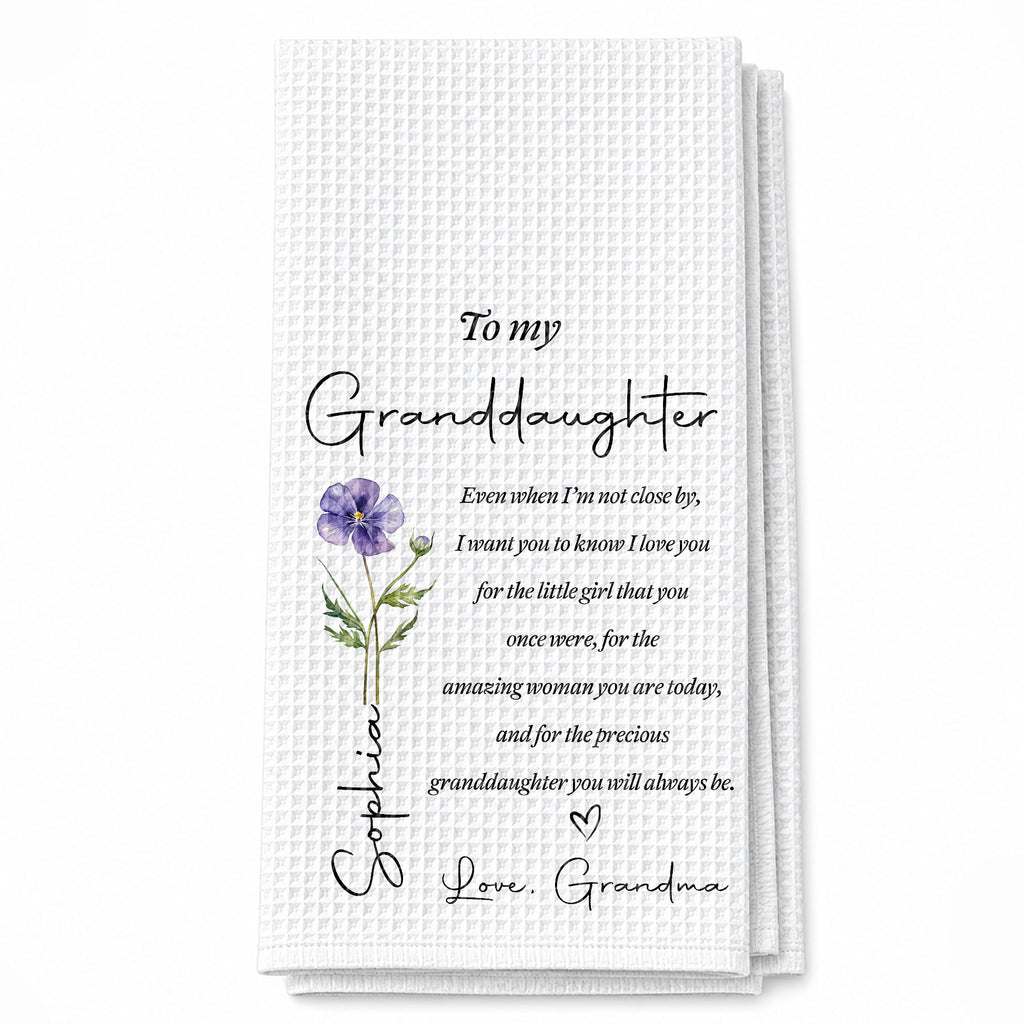 Personalized Kitchen Towel for Granddaughter with Birth Month Flower Gift Kitchen Towel GradoCreations