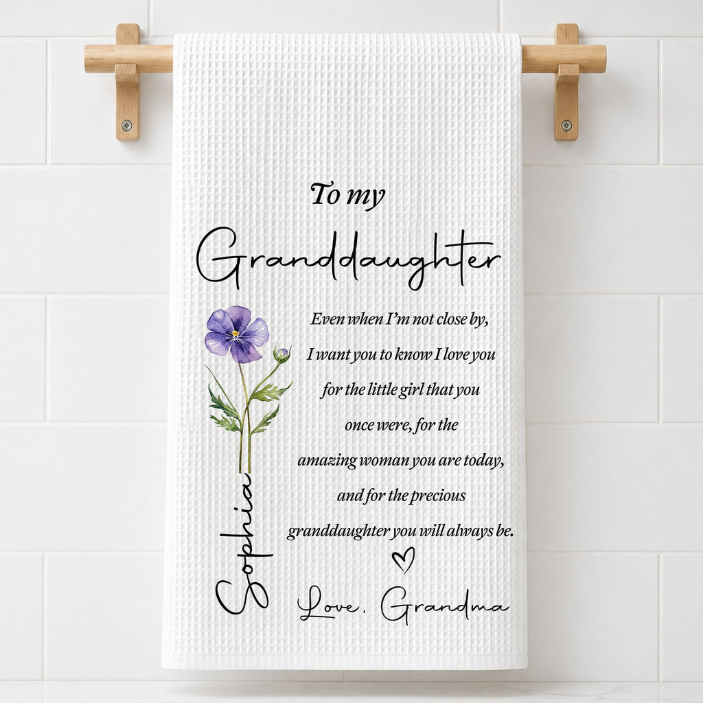 Personalized Kitchen Towel for Granddaughter with Birth Month Flower Gift Kitchen Towel GradoCreations