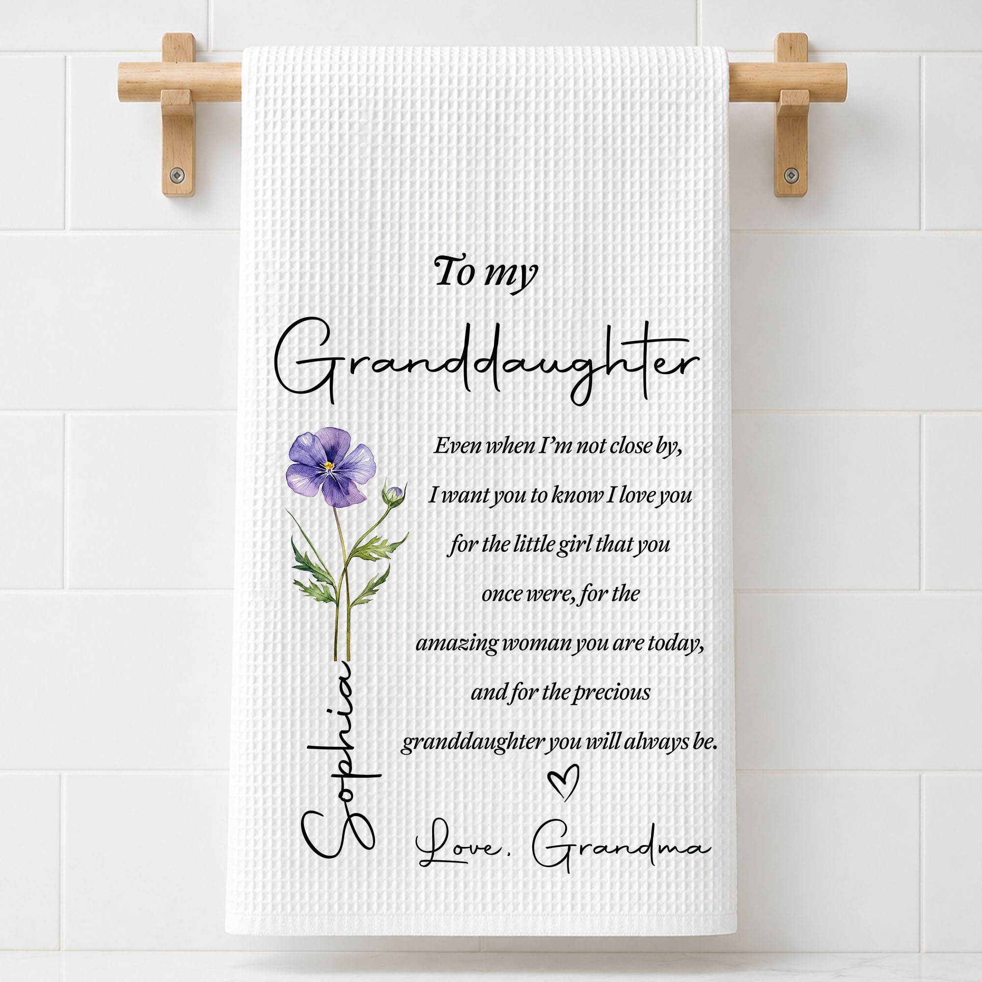 Personalized Kitchen Towel for Granddaughter with Birth Month Flower Gift Kitchen Towel GradoCreations
