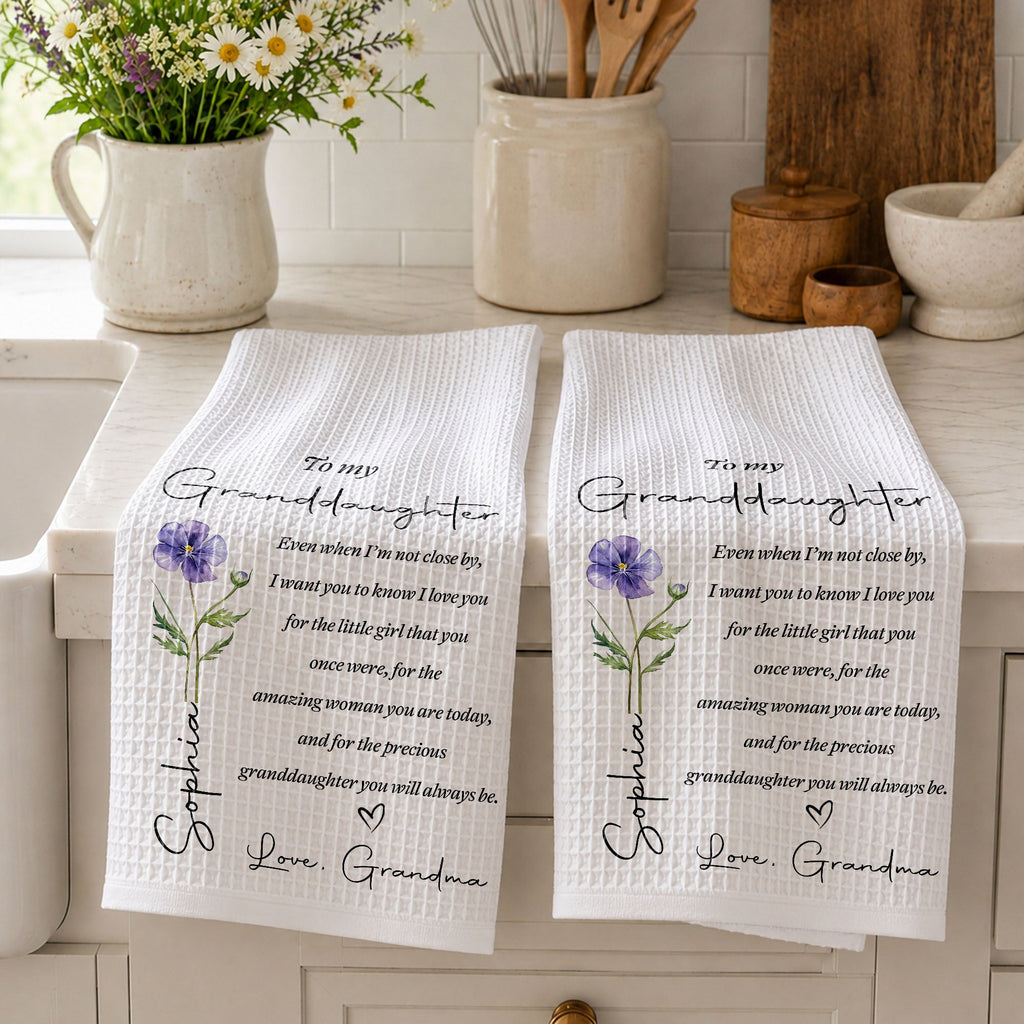 Personalized Kitchen Towel for Granddaughter with Birth Month Flower Gift Kitchen Towel GradoCreations