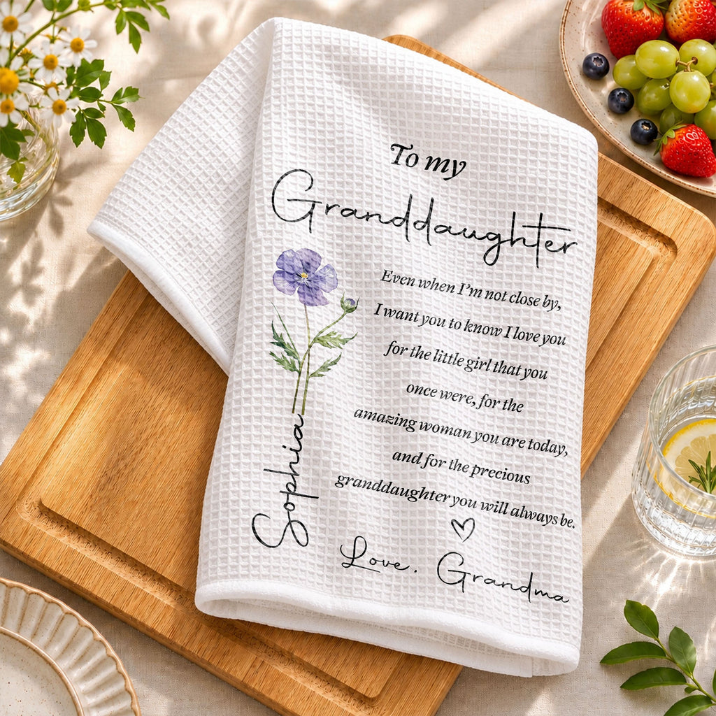 Personalized Kitchen Towel for Granddaughter with Birth Month Flower Gift Kitchen Towel GradoCreations