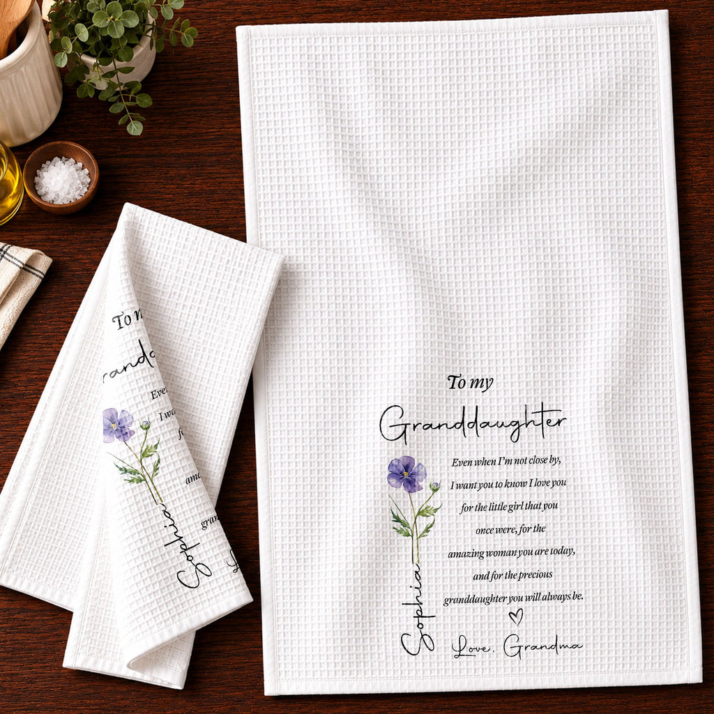Personalized Kitchen Towel for Granddaughter with Birth Month Flower Gift Kitchen Towel GradoCreations