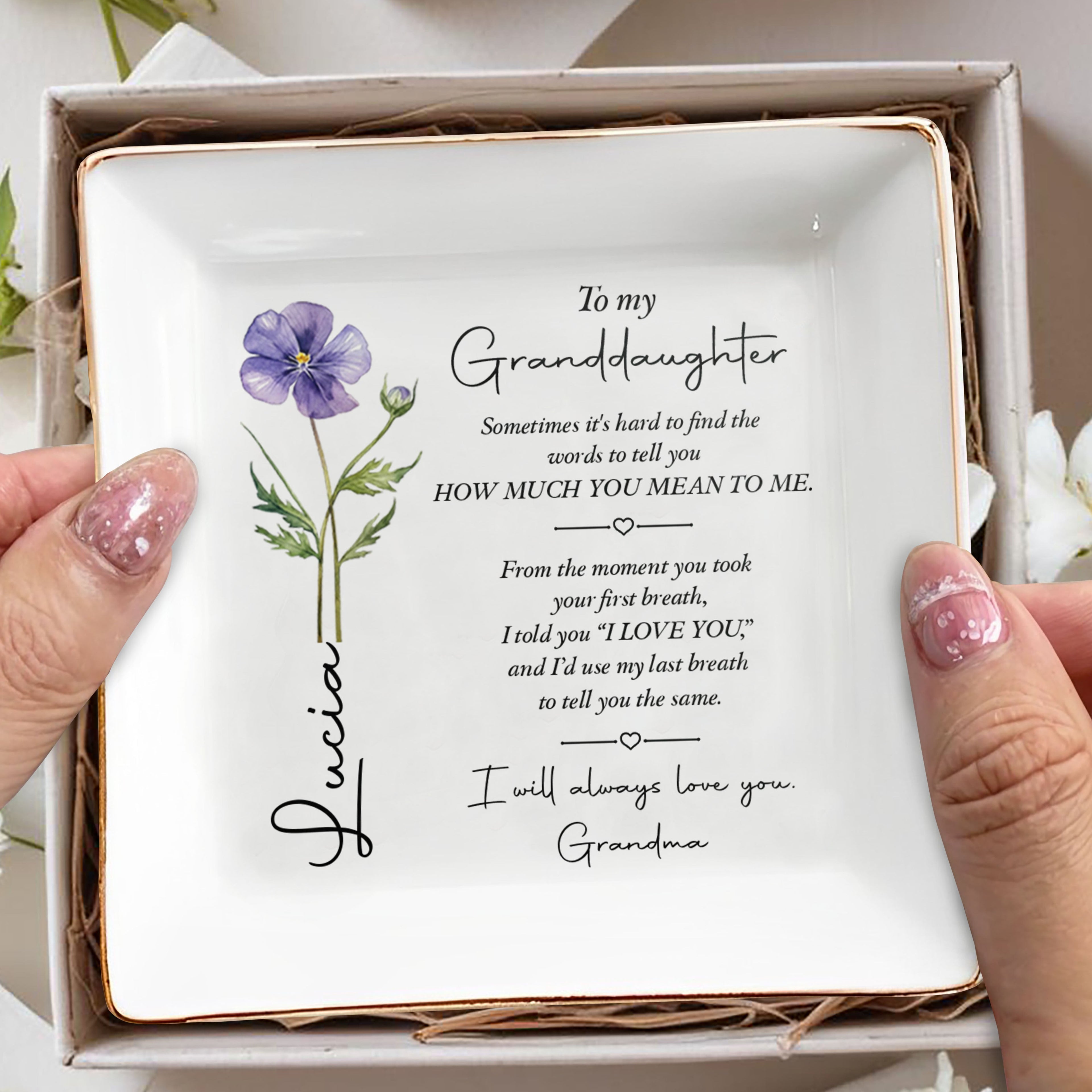 Personalized Jewelry Dish Custom Birth Flower Gift for Granddaughter Jewelry Dish GradoCreations