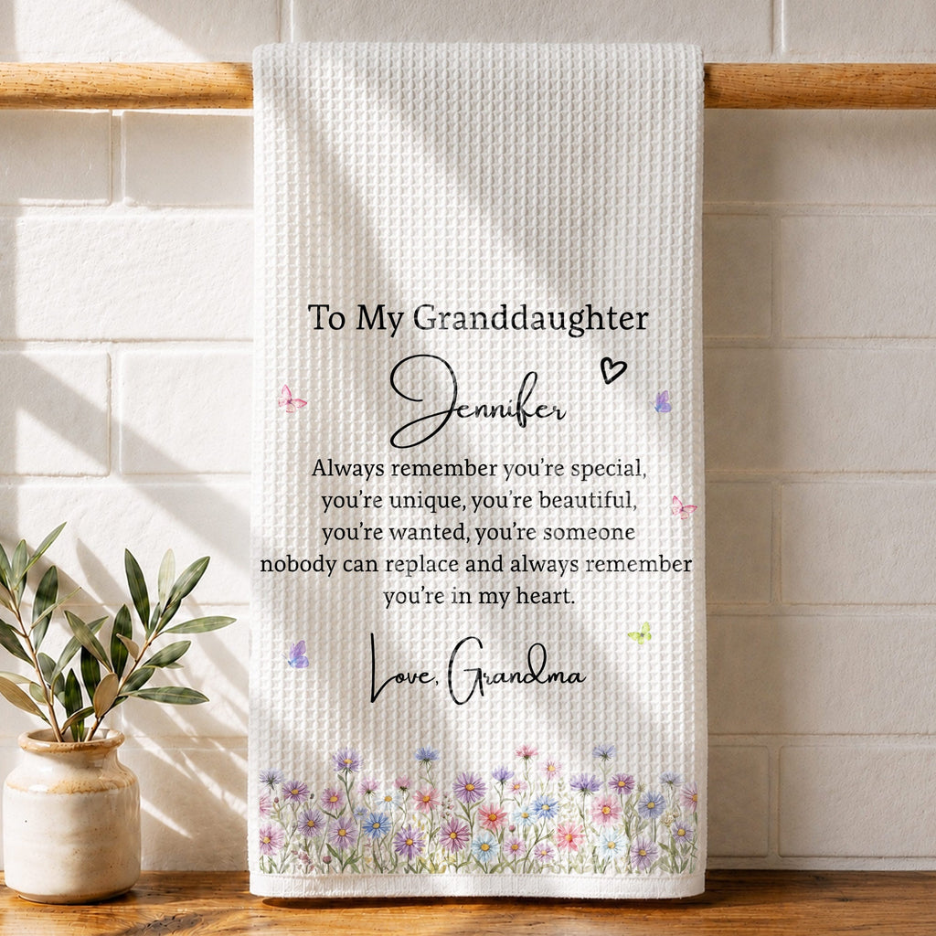Personalized Kitchen Towel for Granddaughter with Flowers and Butterflies Kitchen Towel GradoCreations