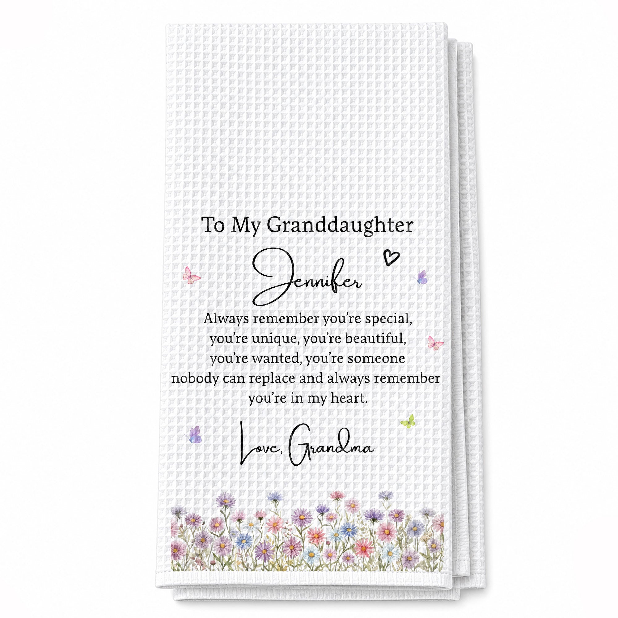 Personalized Kitchen Towel for Granddaughter with Flowers and Butterflies Kitchen Towel GradoCreations