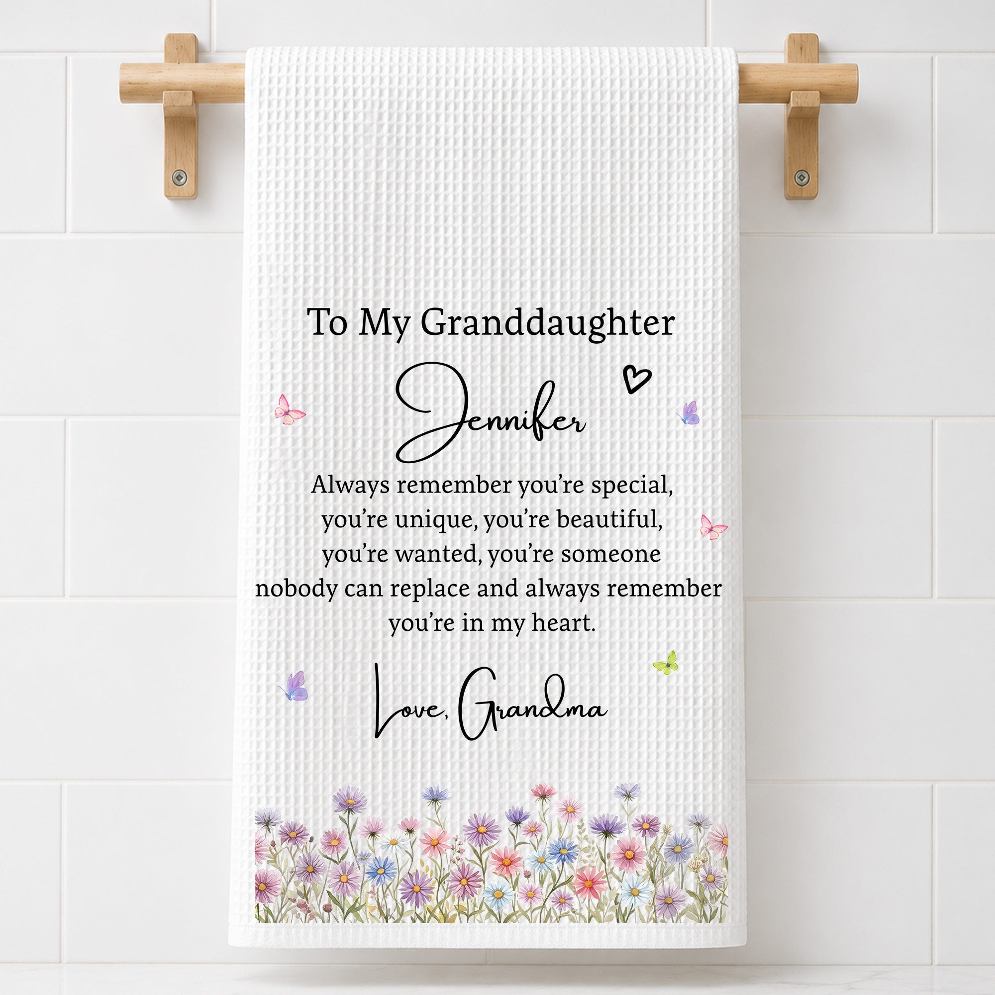 Personalized Kitchen Towel for Granddaughter with Flowers and Butterflies Kitchen Towel GradoCreations