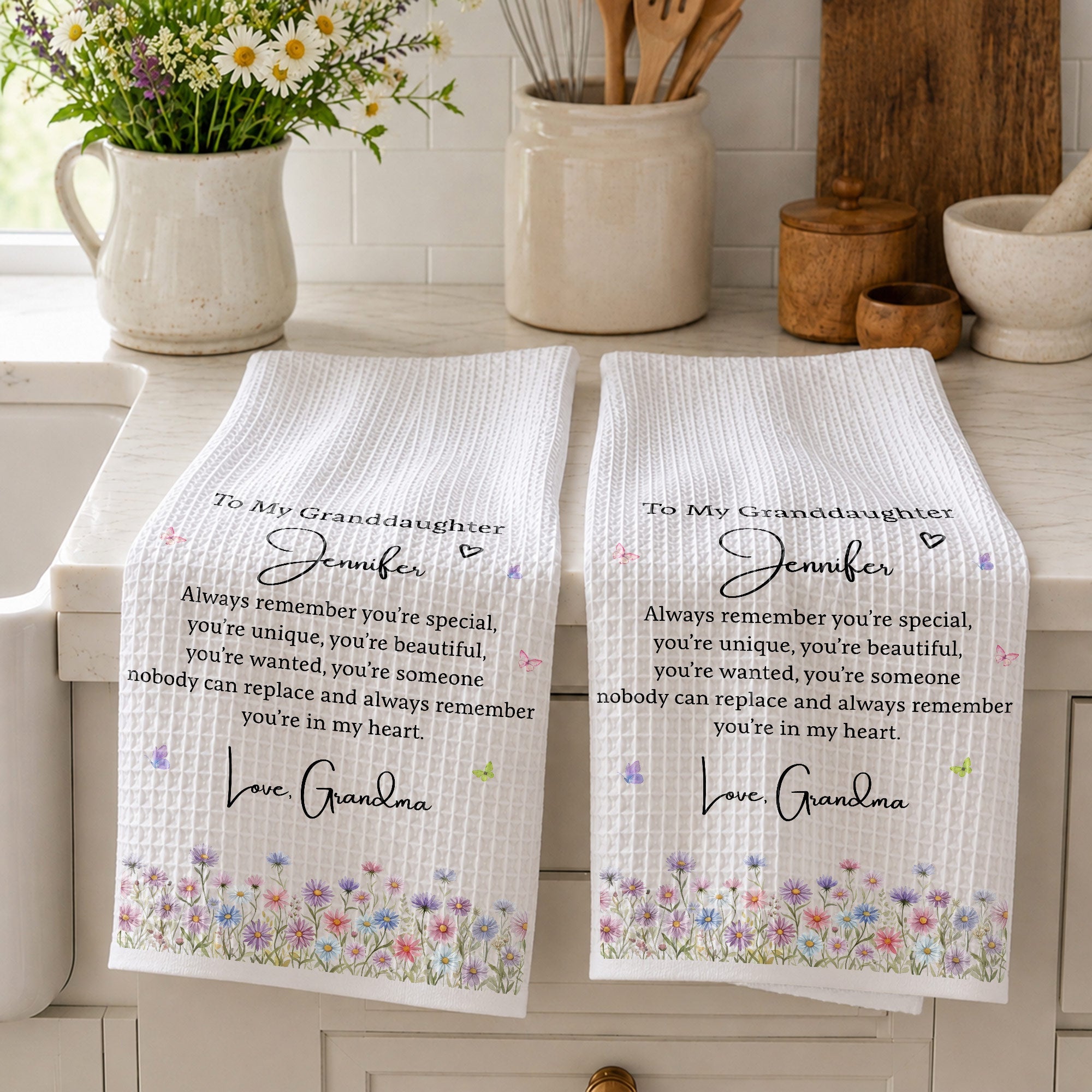 Personalized Kitchen Towel for Granddaughter with Flowers and Butterflies Kitchen Towel GradoCreations
