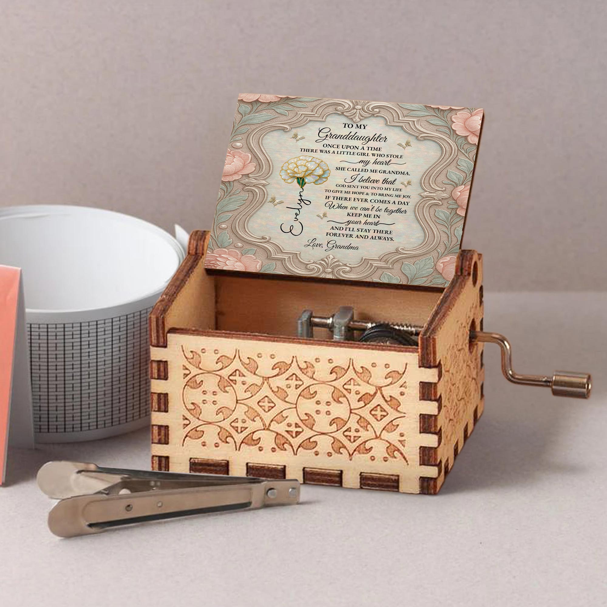Personalized Wooden Music Box Custom Daisy Design for Granddaughter Music Box GradoCreations